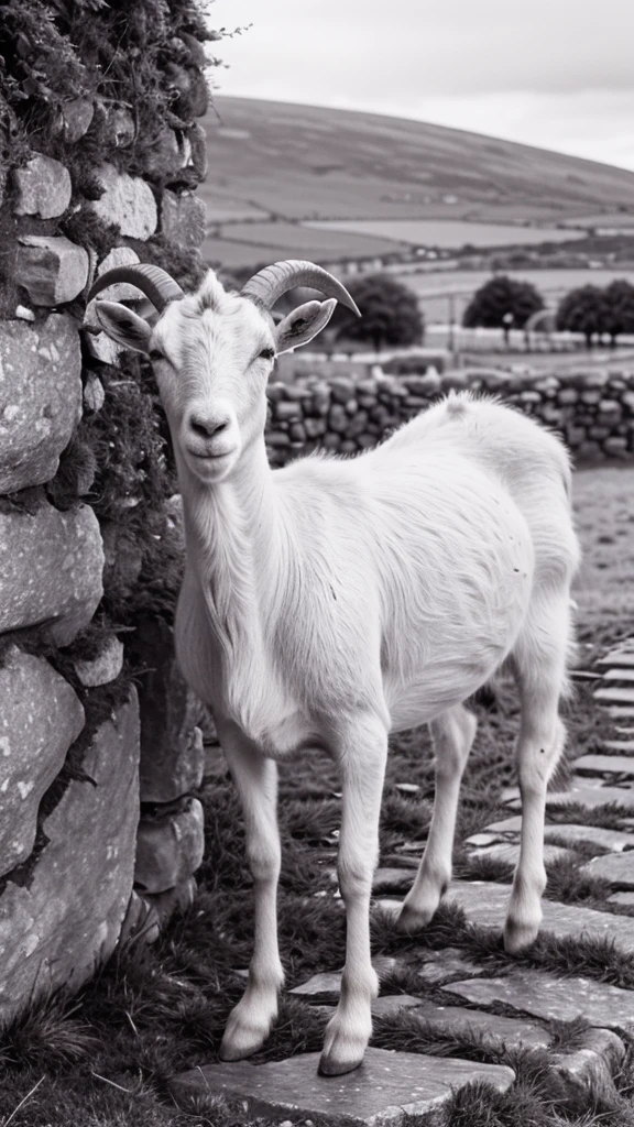 Create an ultra realistic photograph of a goat standing on a stone wall in ireland. The photo must be black and white with a silver halide effect.