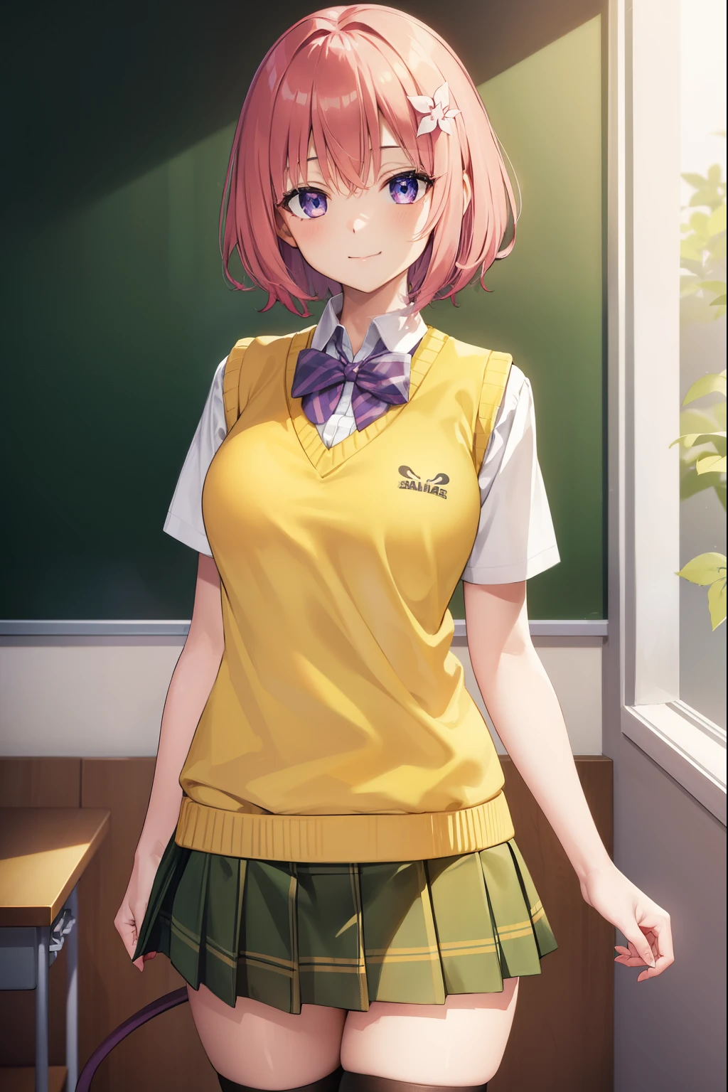 momodevilluke, momo deviluke, demon tail, hair flower, hair ornament, (purple eyes:1.1), pink hair, short hair, tail, smile,
BREAK demon tail, green skirt, plaid, plaid skirt, sainan high school uniform, school uniform, skirt, sweater vest, thighhighs, (yellow sweater:1.5), short sleeves, bow, green bow,
BREAK indoors, classroom,
BREAK looking at viewer, (cowboy shot:1.5),
BREAK (masterpiece:1.2), best quality, high resolution, unity 8k wallpaper, (illustration:0.8), (beautiful detailed eyes:1.6), extremely detailed face, perfect lighting, extremely detailed CG, (perfect hands, perfect anatomy),