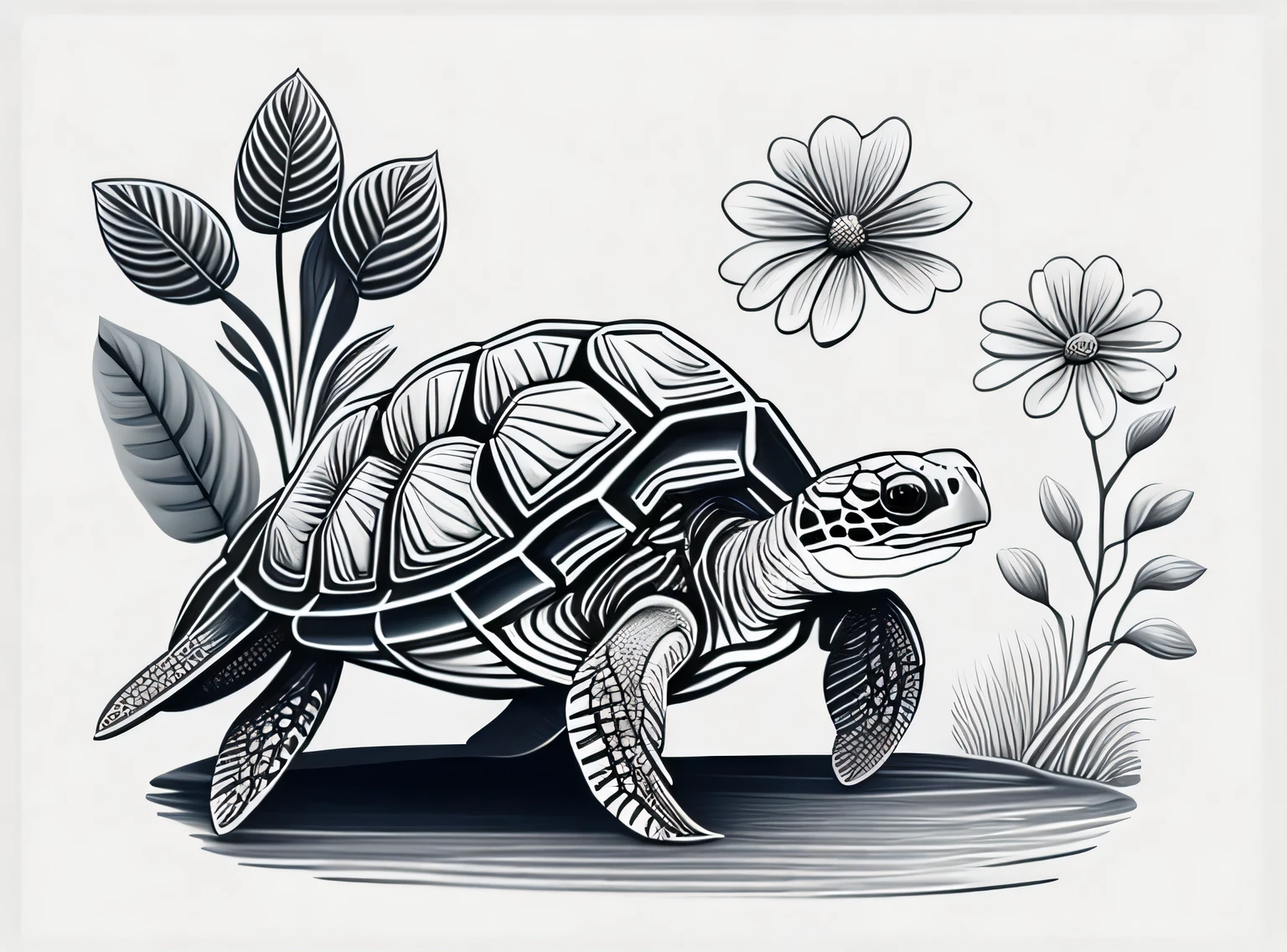 tartaruga caminhando cercada por flores e plantas, qualidade, desenho, linha doodle, monochrome layout, sem fundo, classic style