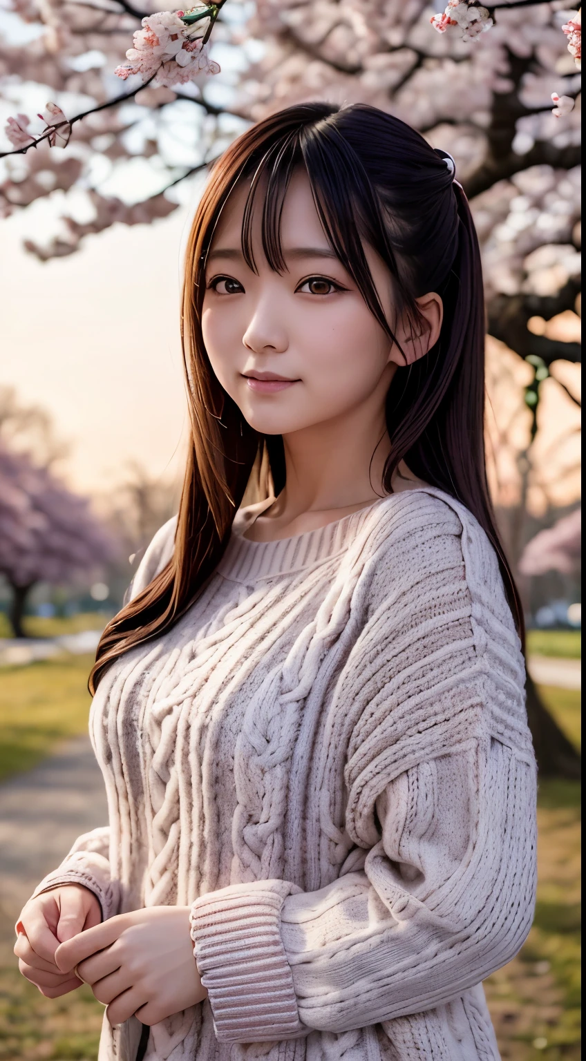 (standing under the cherry tree:1.2), sunset, japanese woman, (oversized knitted sweater:1.3), pupils sparkling, silver long hair, depth of field, f/1.8, anatomically correct, textured skin, super detail, high details, high quality, super detail, high details, high quality, best quality, highres