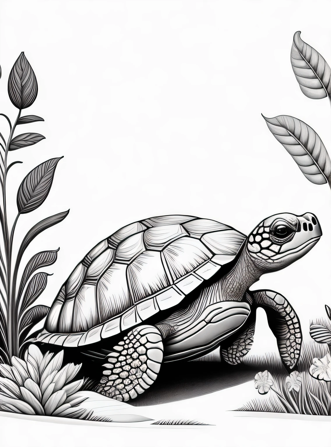 tartaruga caminhando cercada por flores e plantas, qualidade, desenho, linha doodle, monochrome layout, sem fundo, classic style