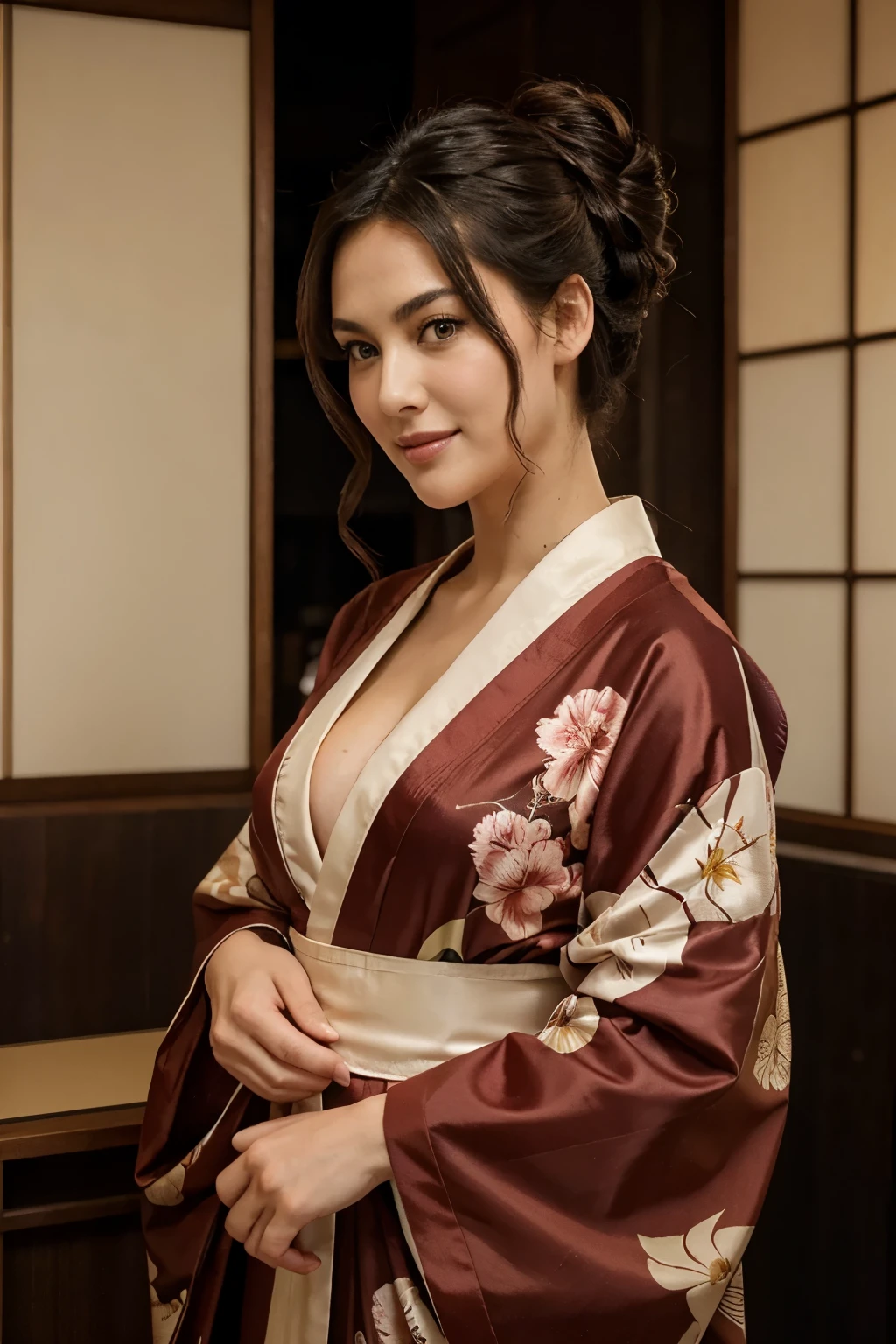 talian, waivy hair, bit like monica bellucci, smile, updo, wearing a sexy japanese kimono