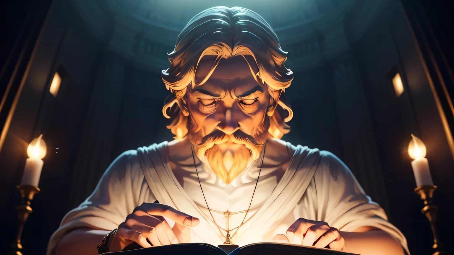 Créez une image 8K impressionnante représentant un philosophe grec du 3ème siècle avant JC, immortalisé comme une statue. Plantez le décor dans une ambiance sombre et mystérieuse, avec la figure du philosophe floue mais énigmatiquement illuminée par des lumières et des ombres épiques. L’image résultante doit respirer l’aura de contemplation profonde et de sagesse.