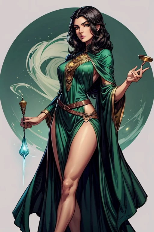 female, 5 foot 5 inches tall, slim body build, waist length wavy brunette to black hair, green eyes, 28 age, ethnicity india, ethnicity middle eastern, wizard clothing style, clothing 1930 clothing style demure dress style, clothing not revealing, mage actively casting shadow magic, smoke effects.