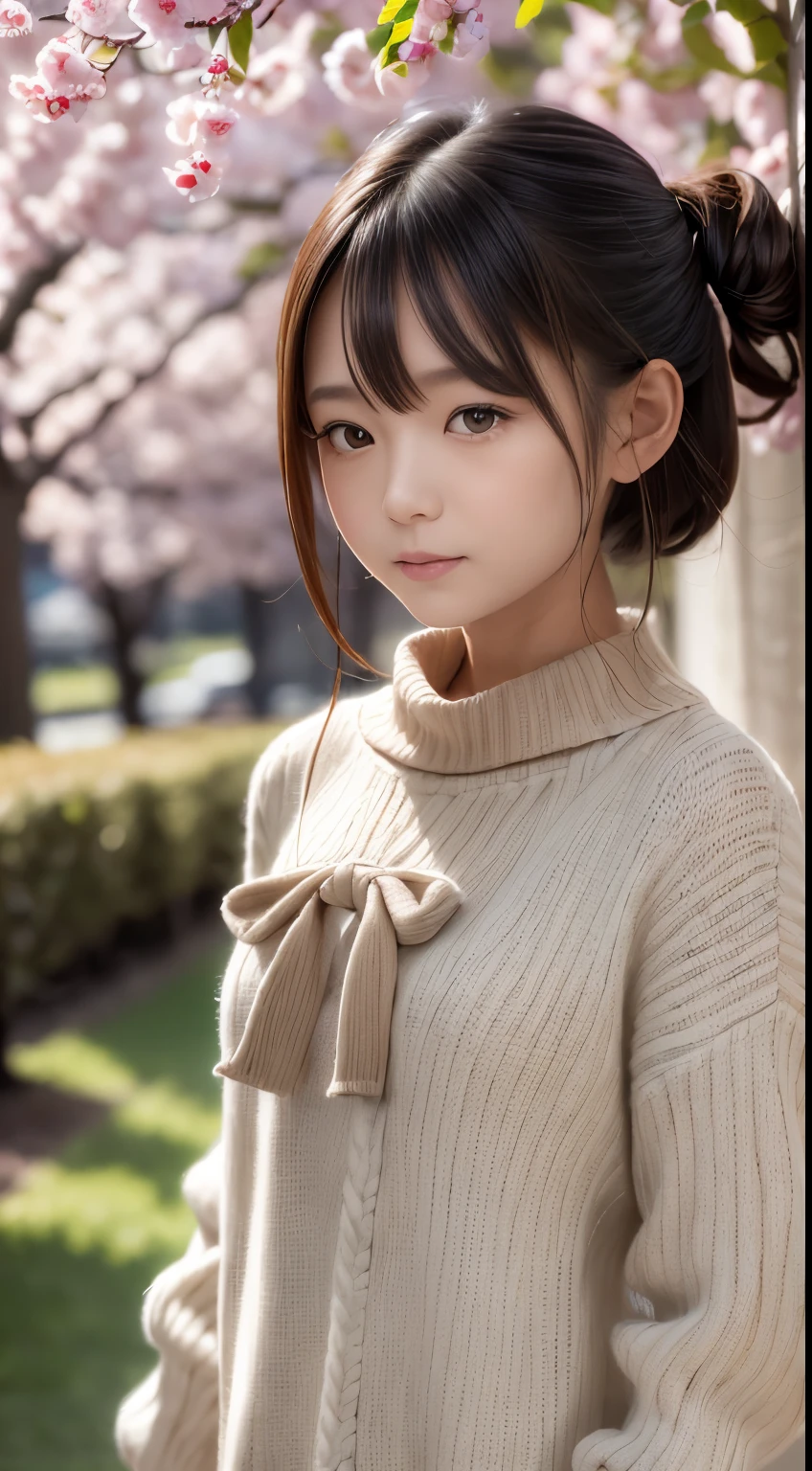 (standing under the cherry tree:1.2), sunset, japanese woman, (white knitted dress:1.3), pupils sparkling, brown short hair, depth of field, f/1.8, anatomically correct, textured skin, super detail, high details, high quality, super detail, high details, high quality, best quality, highres