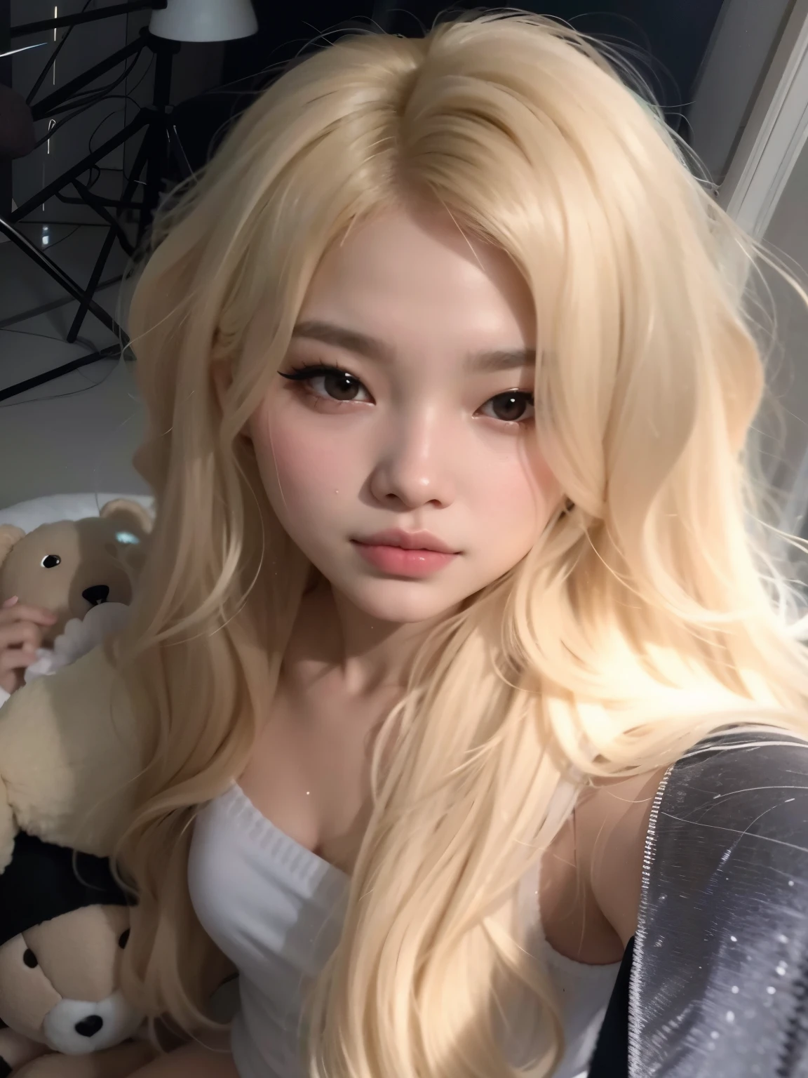 a close-up of a person with long blonde hair and a teddy bear, cabelo loiro extremamente claro, Jennie blackpink, cabelo loiro muito claro, Ulzzang, pale round face, longos cabelos loiros e olhos grandes, pale porcelain white skin, her hair is white, coreana, pale and glowing skin, uma garota com cabelo loiro, Jennie do blackpink