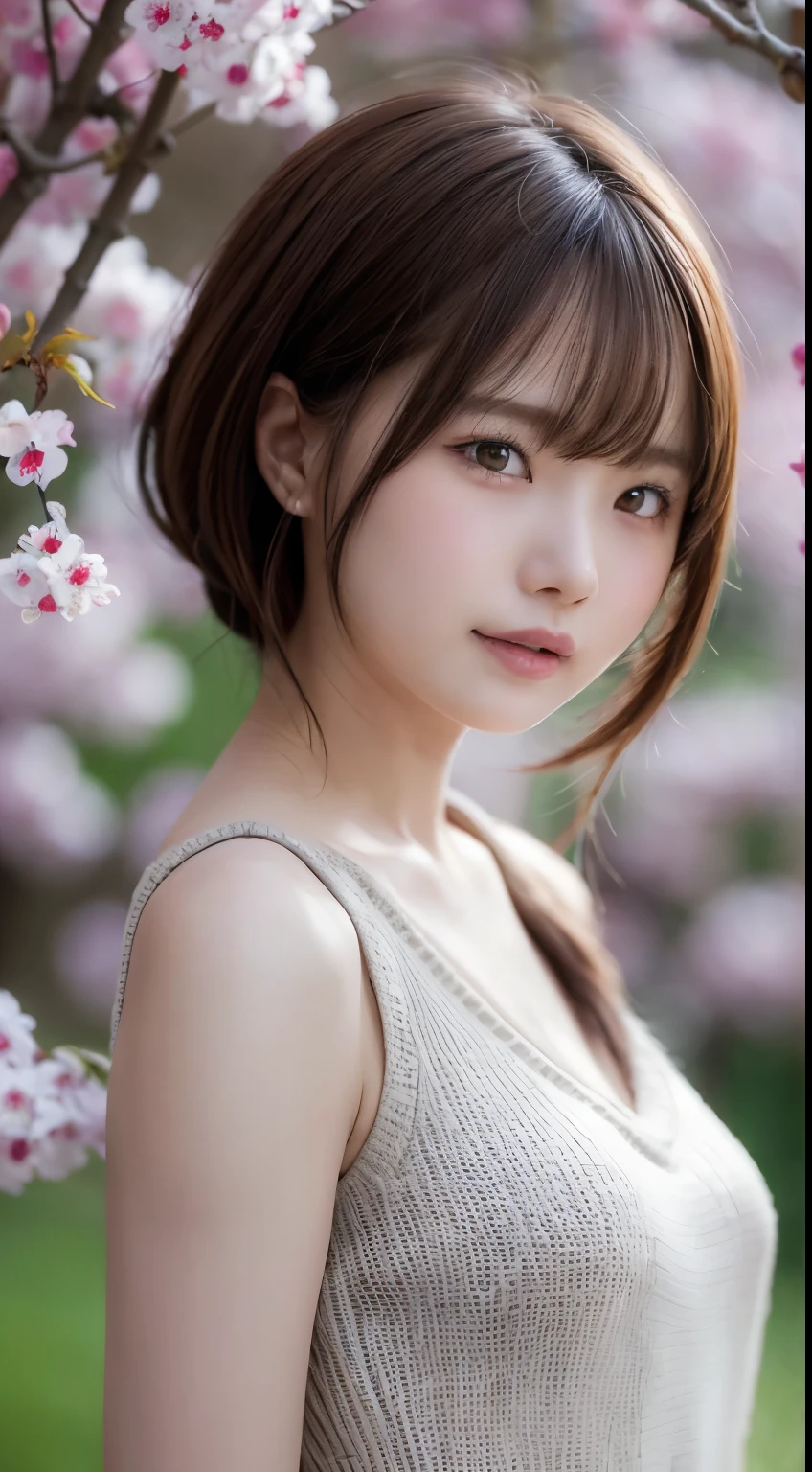 (standing under the cherry tree:1.2), sunset, japanese woman, (white knitted dress:1.3), pupils sparkling, brown short hair, depth of field, f/1.8, anatomically correct, textured skin, super detail, high details, high quality, super detail, high details, high quality, best quality, highres