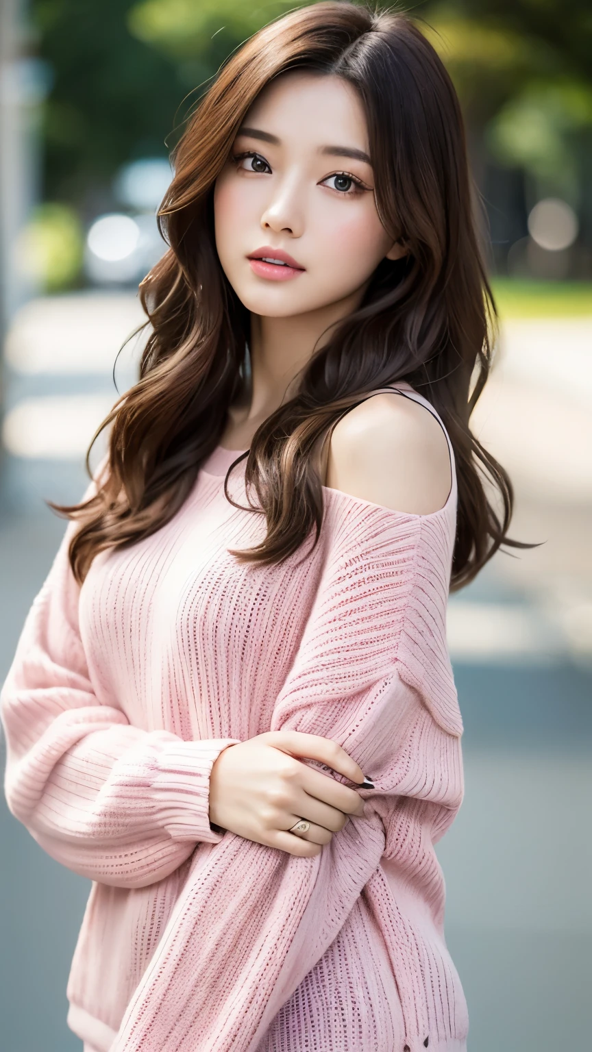 ((1 girl wearing a pink knit)), brown hair, wonderful face and eyes, pink eyes, (amazingly beautiful girl), brown hair, ((highest quality)), (super detailed), (very detailed CG 統合 8k 壁紙), very detailed, High resolution raw color photos, professional photography, (((Bokeh))), Depth of bounds written,
