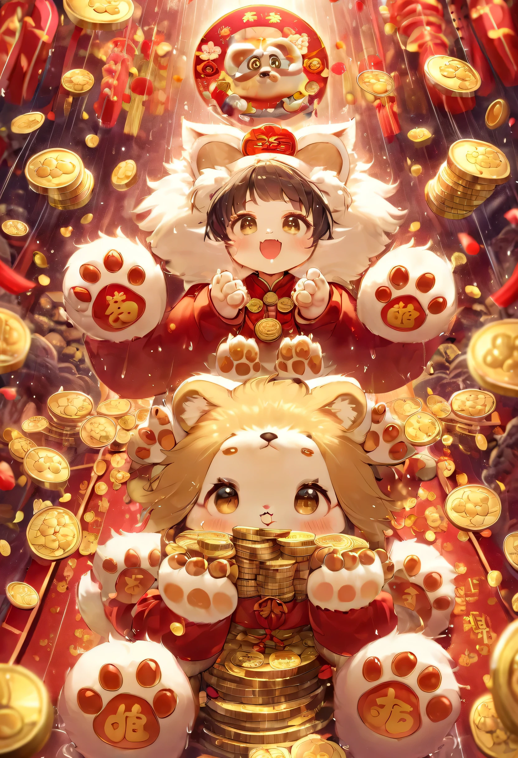 Chinese New Year is here，baby oriental dragon，spit out a lot of gold coins，big furry head，Raise your hand，so cute。Rain of gold coins and golden confetti，red confetti，Strong sense of atmosphere，Cute and cute，Hairy little paws。Wow...There are many gold coins in the air。symmetry。