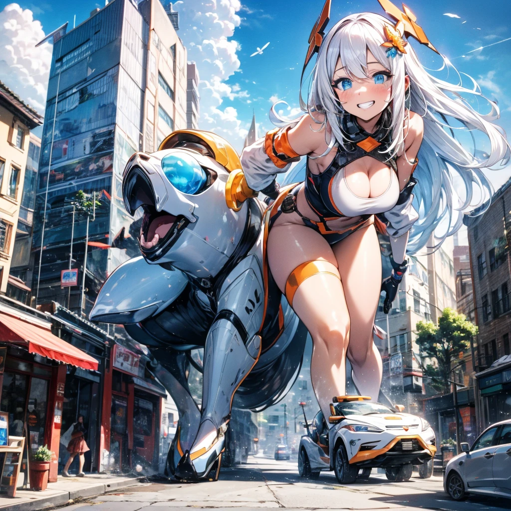 ( Best Quality, great, Highly detailed Unity, 8k resolution, Depth-of-field, super fine-illustration:1.5), 3D, insanely detailed, colorful details, iridescent colors, (natural lighting, natural shading: 1.0), detailed background, (full body shot:1.5) , aerial view , (wide angle lens:0.0),
(1girl), detailed beautiful face, ultra detailed eyes, detailed skin texture, Sparkling eyes, Cute face, kawaii, Smile, grin, (Open mouth:0.0), breasts, delicate hair, (disheveled hair:0.0), Shiny hair, shiny skin, exposed skin, (Thin pink lips: 0.8),
headgear, white hair ornament, (a mech girl:0.2), (mechanical suit:0.2) , white and orange clothing, (Blue sky, white clouds:1.0), (rampage:0.1), (destruction:0.0), townscape,cityscape,street, people, car, gts, giantess