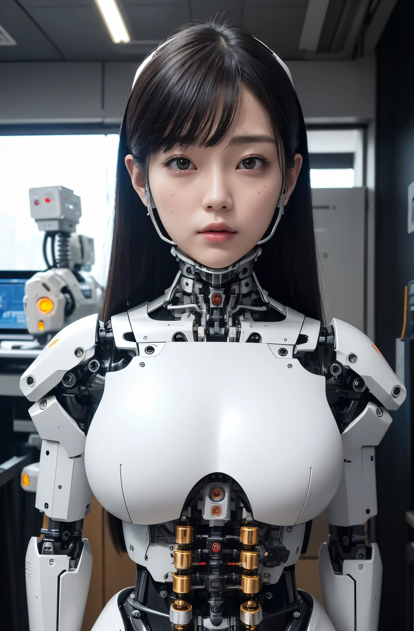 masterpiece, best quality, extremely detailed, Japaese Cyborg girl,Plump , control panels,android,Droid,Mechanical Hand, Robot arms and legs, Black Robot Parts,Black hair,Mechanical body,Blunt bangs,White robotics parts,perfect robot girl,long tube,thick cable connected her neck,ceramic body ,mechanical body, mechanical ear cover, mechanical costume,android,robot,humanoid,cyborg,japanese android woman ,mechanical chest,full eyes,future laboratory,connecting a cable between the legs,white mouth cover