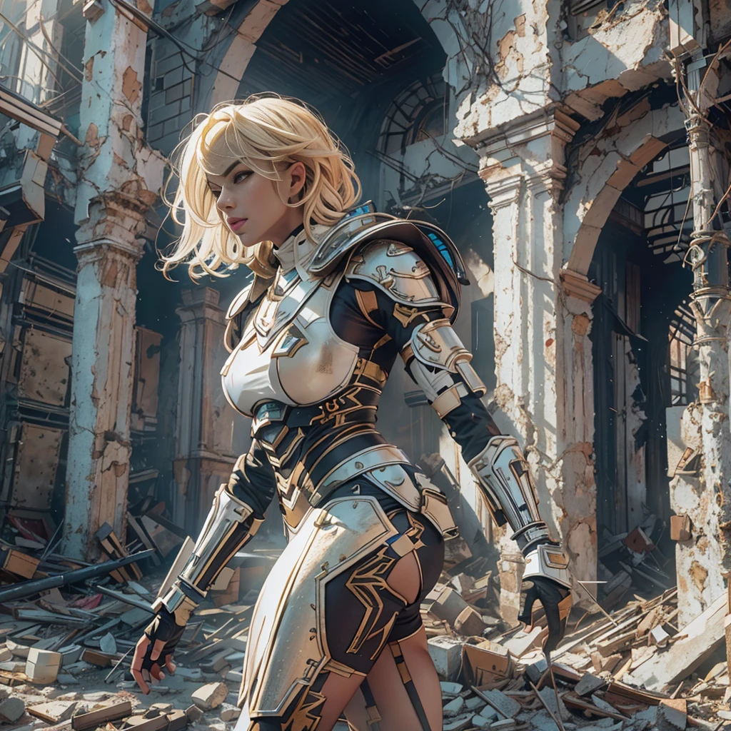 Black armed female figure in sexy battle armor, masterpiece, best quality, UHD, cinematic, texture overlay, megapixel, Octane render, film grain, Fujifilm xt3, delineate, intrigated details, shadows details, ultra realistic, split toning , ambient occlusion, Surface scattering,, soft ligths, glow, ant-aliasing, muted colors, unreal engine 5, contour, photografic,(blonde hair),(white and Pinky armor),(bimbo : 1.5),(vogue makeup),(Background of a city in ruins),(Full body).