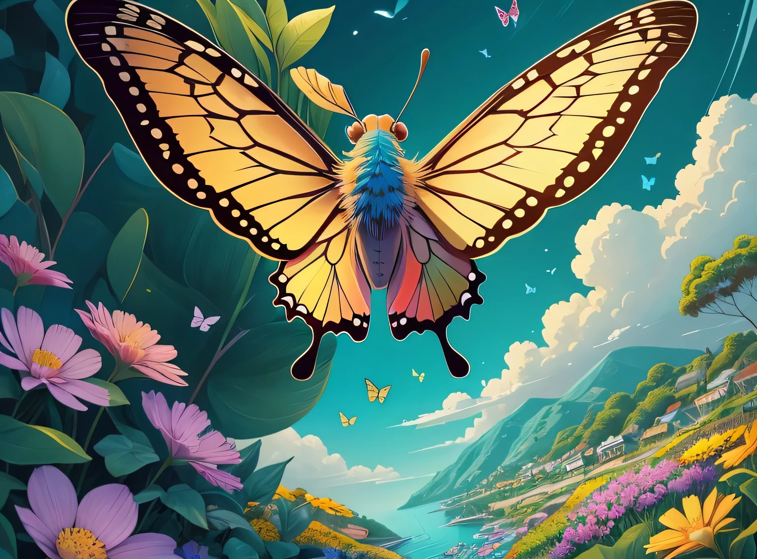 FUNDO 100% Portanto, Illustration with colorful butterflies flying illustrating background 100% Portanto, flores ao redor do fundo Portanto, obra prima, best resolution 16k, Colouring, tamanho 2000x2600 pixels