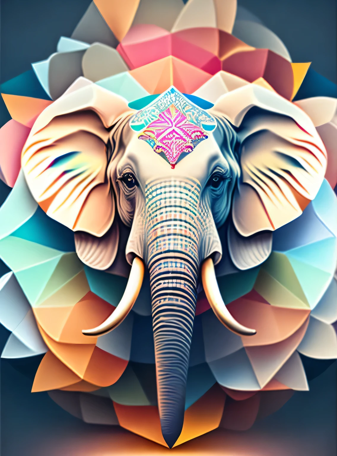 A kaleidoscope radiating joy with a majestic elephant head in the central vector, illustration
