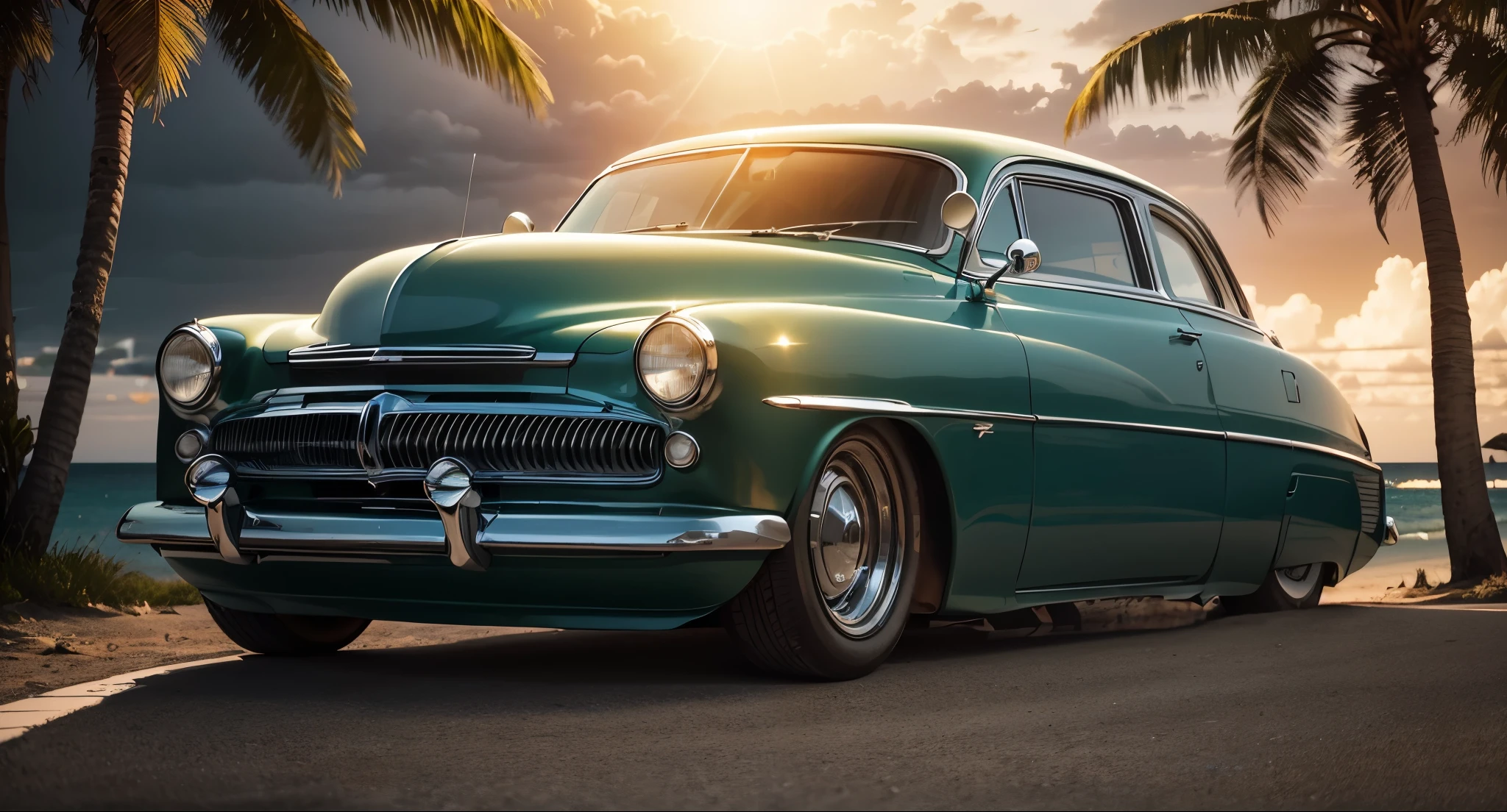 A photograph of a sleek Merc 49, shining under the bright sun, on a tropical road lined with palm trees, with a crystal-clear beach in the background. Created Using: high gloss paint finish, reflection of sunlight on the car, clear blue sky, white sandy beach, vibrant green palm leaves, relaxed beach atmosphere, X prompt, hd quality, vivid style