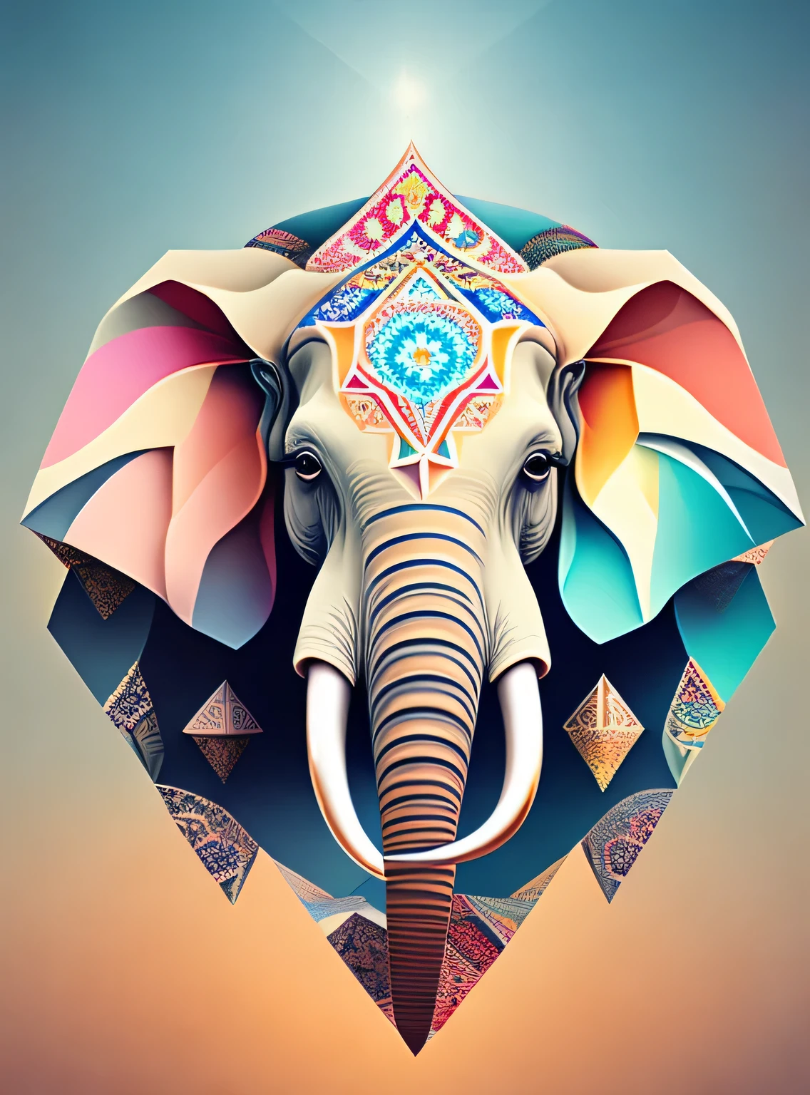 A kaleidoscope radiating joy with a majestic elephant head in the central vector, illustration