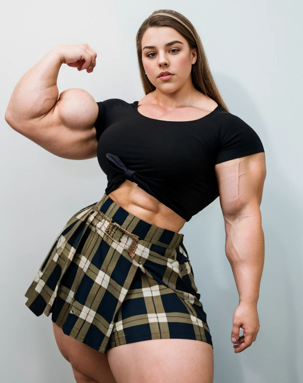 A large thick girl ,   wide hips, wide waist,  wide shoulders,  large torso ,  muscular biceps ,  Generate a full length  portrait of an overweight fat  Charlotte Church, huge muscular pecs A heavily muscled iffb pro female bodybuilder,  latex Jowowha Womens School Uniform Cosplay Set Short Sleeve Shirt with Tie and Plaid Skirt Fancy Dress Cosplay Costume