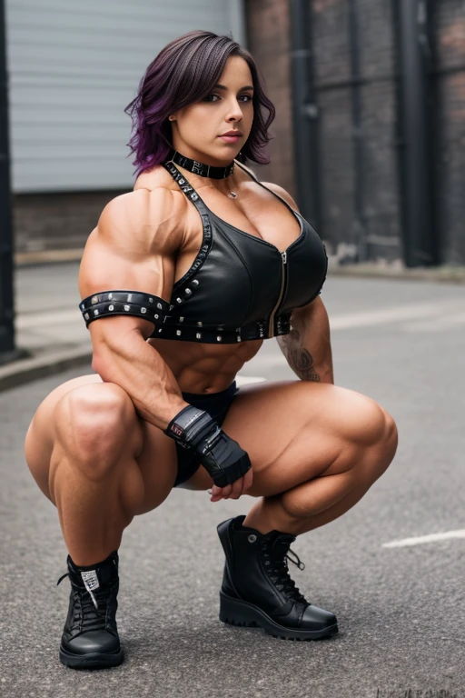 A heavily muscled iffb pro female bodybuilder, ((realism)), lips, detailed background, 1girl, srfc,(squatting:1.2), dark alley, (legs spread), fit body, thick thigh, thick legs, big ass:1.5, natural breasts, wearing a leather jacket, studded choker, ash hair, open jacket, (soft smile)