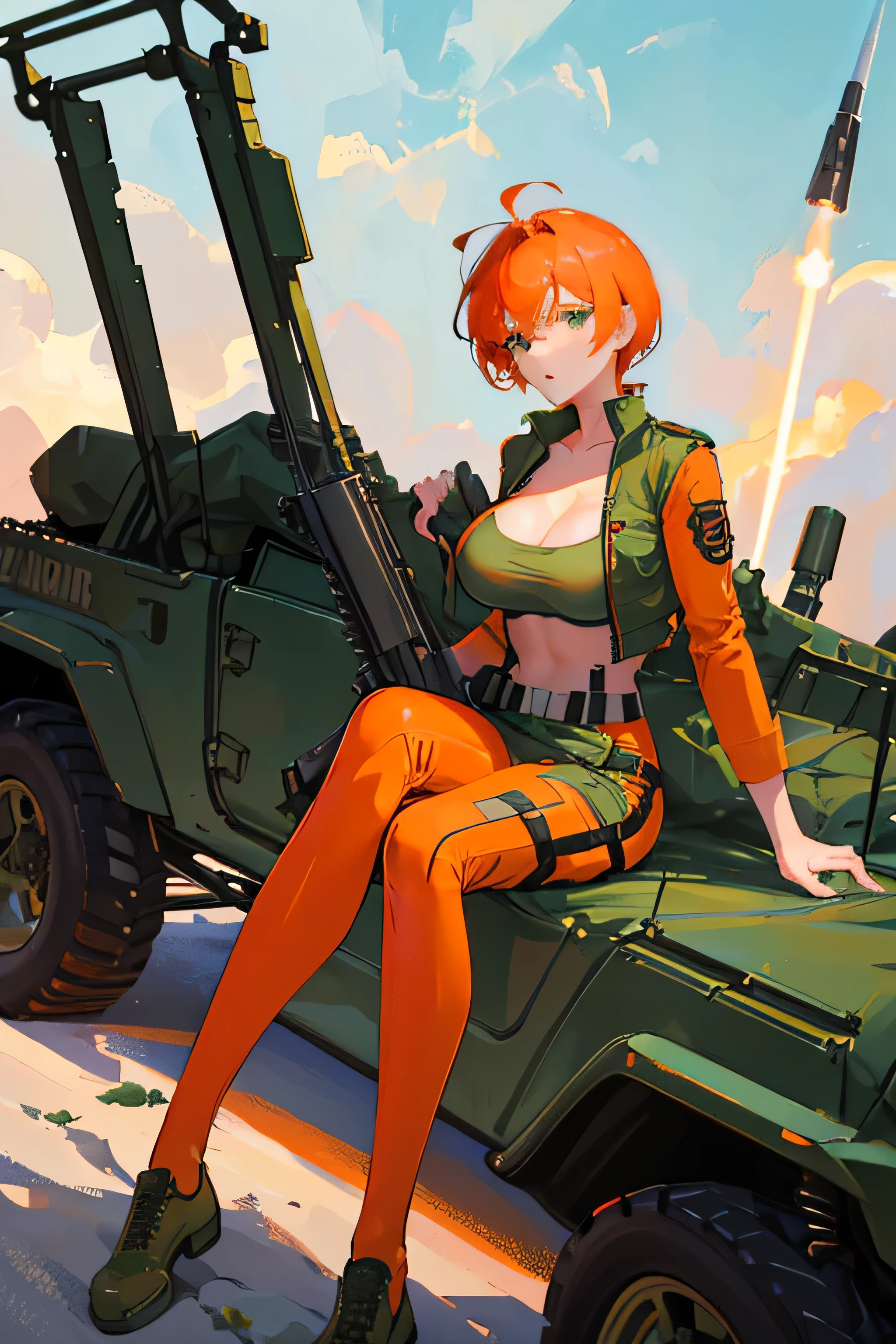 ((orange short haired woman)), ((long legs)), ((sitting on a jeep)), ((big breasts)), ((holding a rocket launcher)), ((wearing a green military outfit with the top open revealing breasts)), ((full body))
