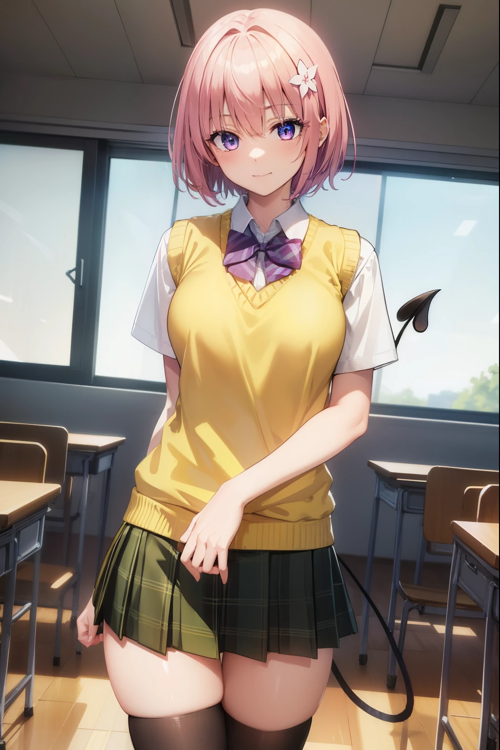 momodevilluke, momo deviluke, demon tail, hair flower, hair ornament, (purple eyes:1.1), pink hair, short hair, tail, smile,
BREAK demon tail, green skirt, plaid, plaid skirt, sainan high school uniform, school uniform, skirt, sweater vest, thighhighs, (yellow sweater:1.5), short sleeves, bow, green bow,
BREAK indoors, classroom,
BREAK looking at viewer, (cowboy shot:1.5),
BREAK (masterpiece:1.2), best quality, high resolution, unity 8k wallpaper, (illustration:0.8), (beautiful detailed eyes:1.6), extremely detailed face, perfect lighting, extremely detailed CG, (perfect hands, perfect anatomy),