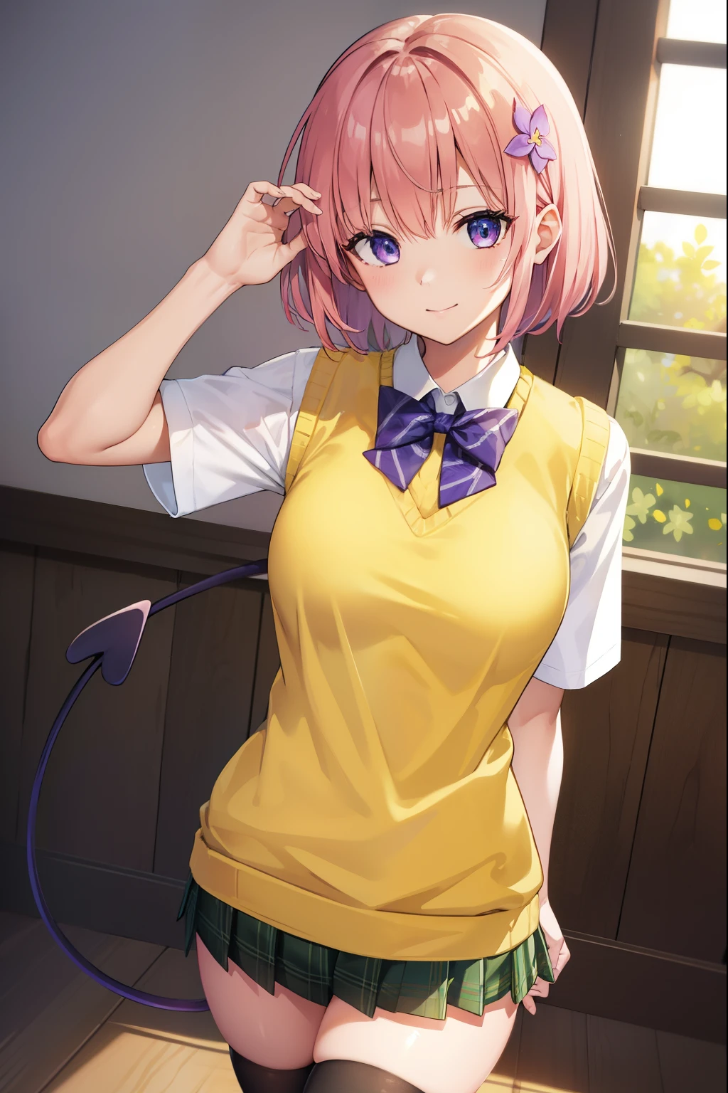 momodevilluke, momo deviluke, demon tail, hair flower, hair ornament, (purple eyes:1.1), pink hair, short hair, tail, smile,
BREAK demon tail, green skirt, plaid, plaid skirt, sainan high school uniform, school uniform, skirt, sweater vest, thighhighs, (yellow sweater:1.5), short sleeves, bow, green bow,
BREAK indoors, classroom,
BREAK looking at viewer, (cowboy shot:1.5),
BREAK (masterpiece:1.2), best quality, high resolution, unity 8k wallpaper, (illustration:0.8), (beautiful detailed eyes:1.6), extremely detailed face, perfect lighting, extremely detailed CG, (perfect hands, perfect anatomy),