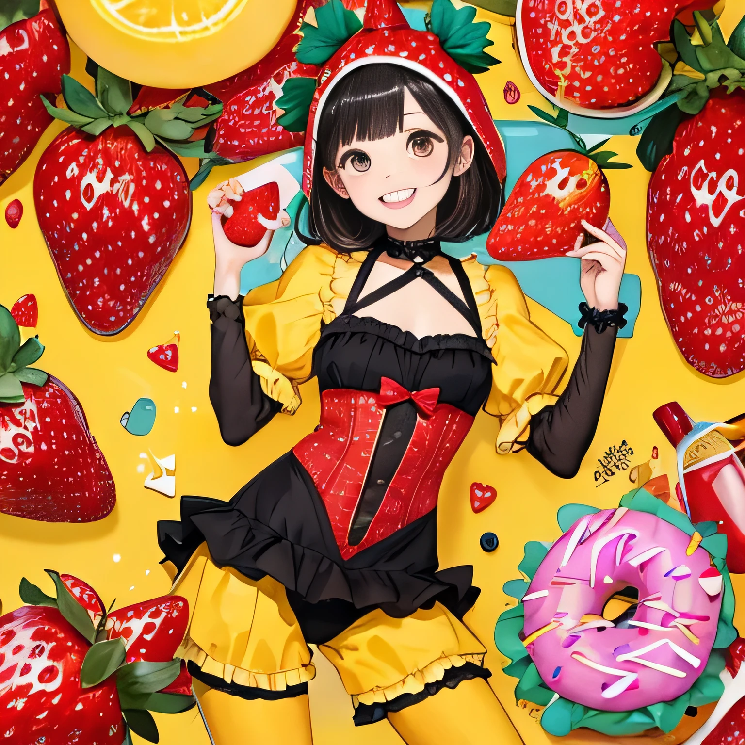 ((Strawberry-inspired costume)), ((skirt)), ((pantyhose)), ((Shiny Costumes)), skindentation, skinny, solo, 1 woman, Masterpiece, highest quality, highest quality, 16K, incredibly absurd, highly detailed, 2.5D, ai-generated, delicate and dynamic, very delicate facial expressions, delicate eye depiction, erotic, only sexy woman, ((A cute and kind face)), healthy figure, ((25-year-old woman)), 160cm tall, medium firm swaying bust, , blush, Sweat,Embarrassed,sexy, ((thin thighs)), (camel toe:0.7), (visible nipples:0.3), (Erect nipples,:0.7), shiny and lustrous, facing straight at viewer, (((in heat))), ((Oily_skin)), ((Lots of sweat)), (((Brown Skin))), ((dutch angle)), ((erotic pose)), (Sitting on a big strawberry),