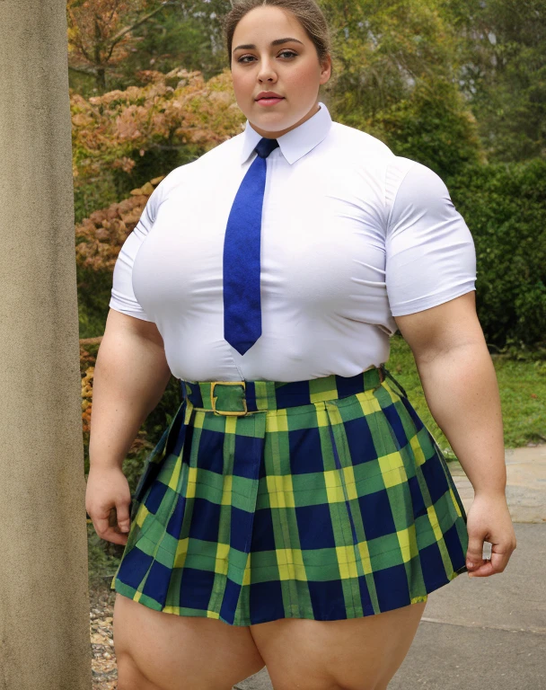 A large thick girl ,   wide hips, wide waist,  wide shoulders,  large torso ,  muscular biceps ,  Generate a full length  portrait of an overweight fat  Charlotte Church, huge muscular pecs A heavily muscled iffb pro female bodybuilder,  latex Jowowha Womens School Uniform Cosplay Set Short Sleeve Shirt with Tie and Plaid Skirt Fancy Dress Cosplay Costume