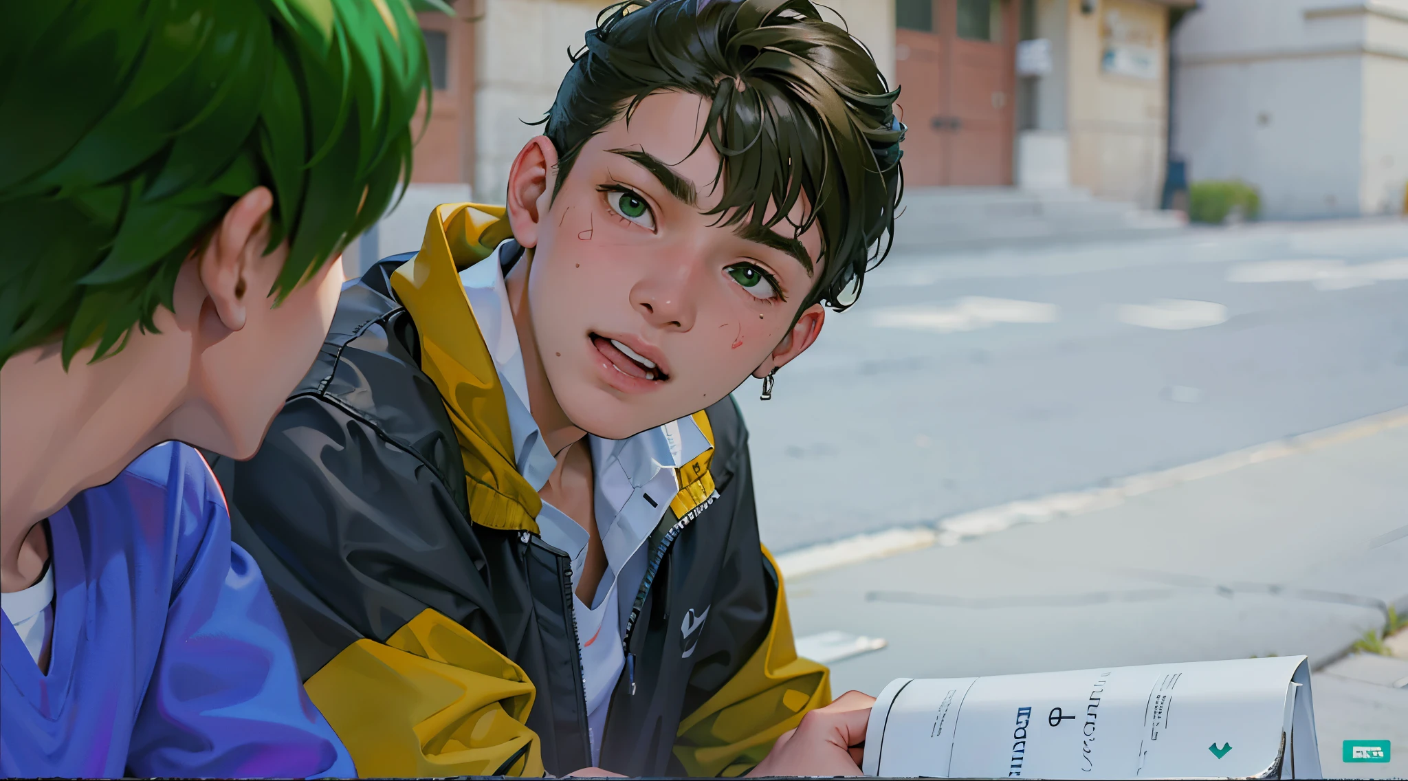 There are two young people sitting next to each other on a bench, They are both and in high school., tienen cabello color verde ojos verdes , esta mirando preocupado a alguien que se acerca