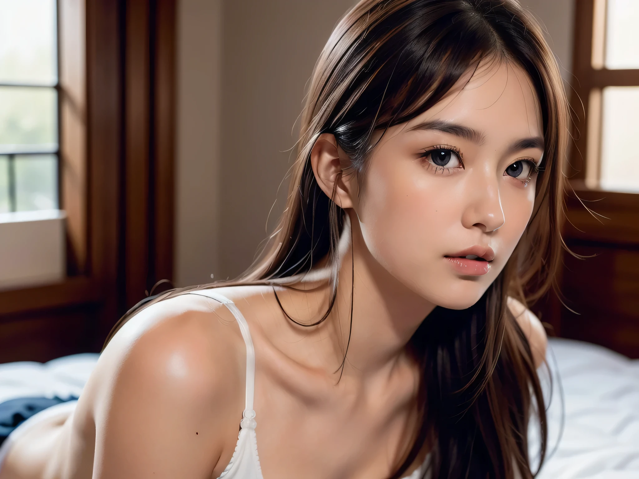 (A superb exquisite yukinoshitaYukino),(yukinoshitaYukino:1.5), (oregairuUniform:1.5), brown eyes, black hair, natural straight hair, straight bangs, solo, nature, extremely delicate, straight facial features, peerless beautiful girl, soft, (sensual face), ((ecchi face)), dreamy quality, exaggerated facial features, solid color, frank holly, delicate face, bright lips, slender waist, soft curves, real light and shadow, super fine, 4k, natural moving, Ultra high resolution, (masterpiece:1.2, best quality), (finely detailed beautiful eyes: 1.2), (beautiful detailed face), sexy semi-nude model, sexy pose, Ultra high definition white bra and panties, erect nipples,Medium chest, slender body, (bedroom),