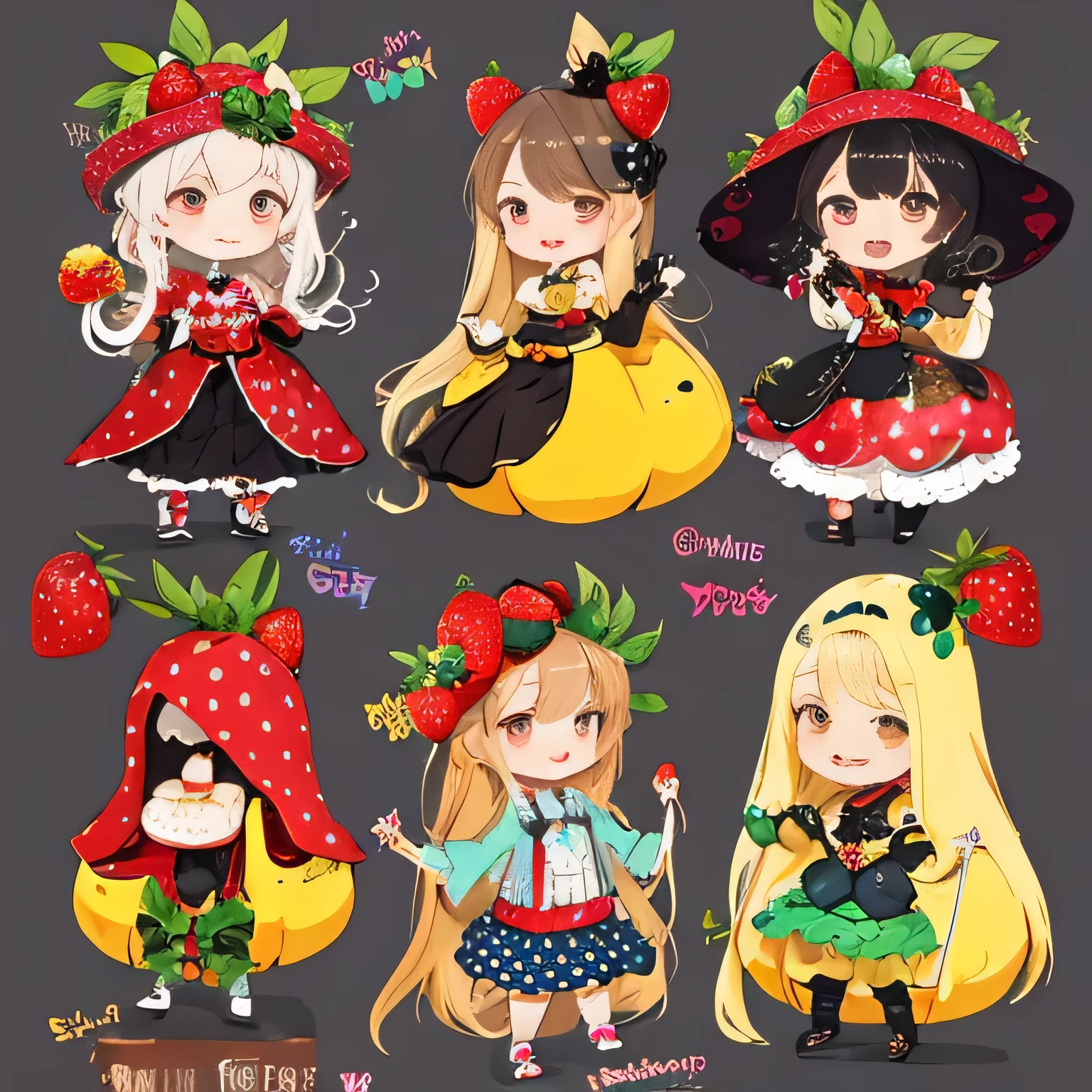 highest quality、detailed background、fruit and food costumes: fruit and candy costume、Gives a colorful and cute impression。for example、Strawberries or bananas、We also have costumes such as donuts.。