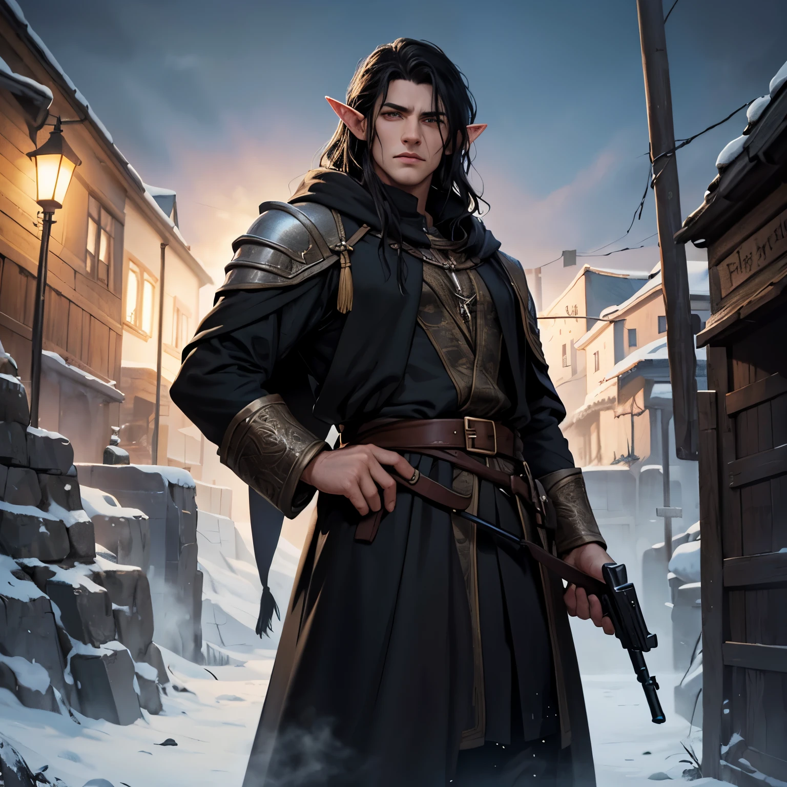 (adult, male, elf, walking),(middle earth town),(night),(gun in his right hand),(long dark coat),(black hair),(detailed eyes, detailed lips),(best quality, highres, ultra-detailed),(realistic),(portraits),(mystical color palette),(subtle lighting),black cloak