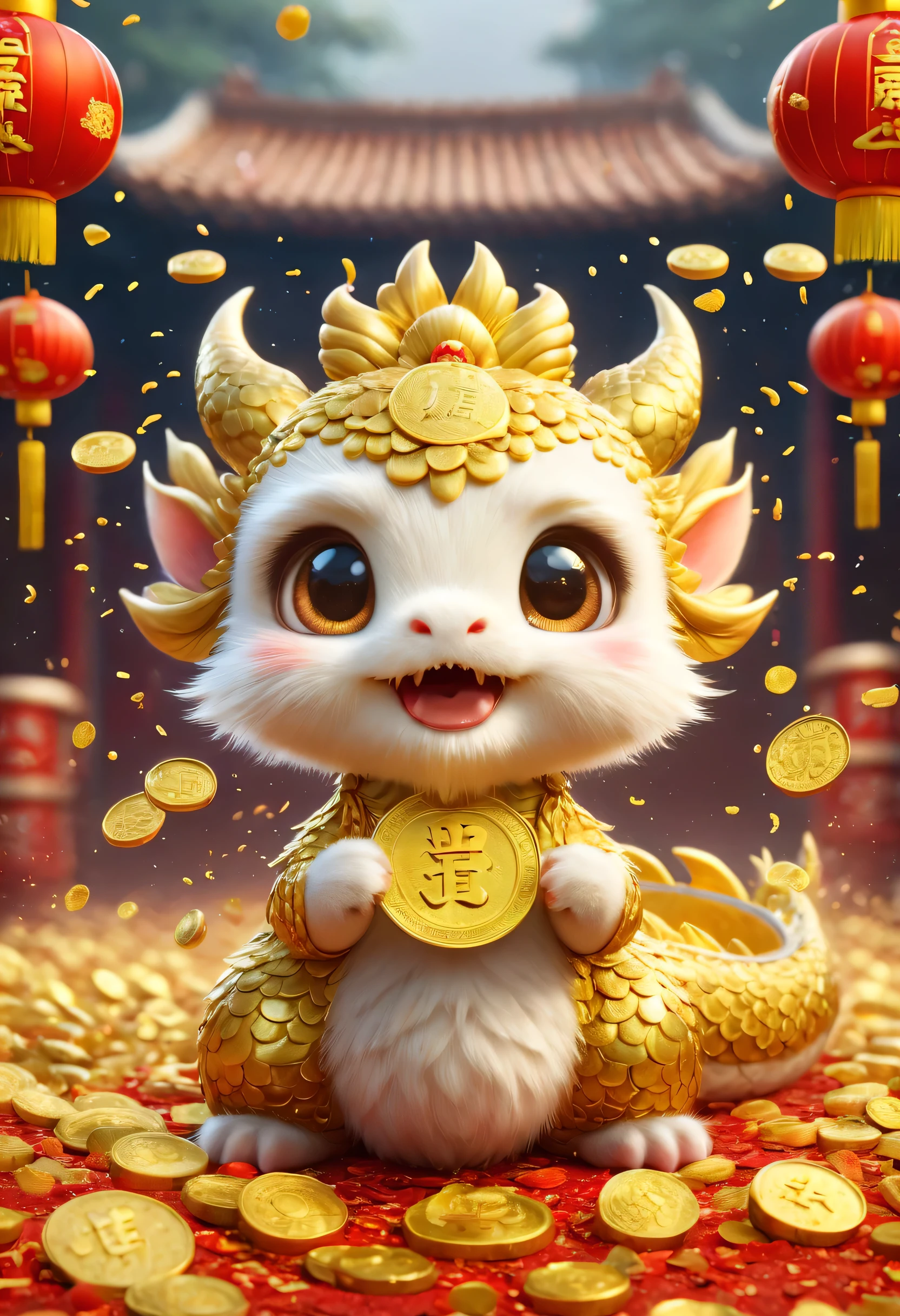 Chinese New Year is here，baby oriental dragon，spit out a lot of gold coins，big furry head，Raise your hand，so cute。Rain of gold coins and golden confetti，red confetti，Strong sense of atmosphere，Cute and cute，Hairy little paws。Wow...There are many gold coins in the air。symmetry。