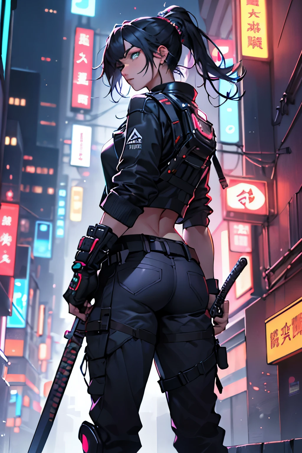 1girl, Alone, girl, futuristic outfit, Neon Samurai, Cyberpunk neon, the night, {{(tmasterpiece),(extremely detailed CG unified 8k wallpaperest quality at best,Alone,电影灯光,detailedbackground, A detailed eye, pretty eyes, photorealistic eye, Rear view of hand holding weapon