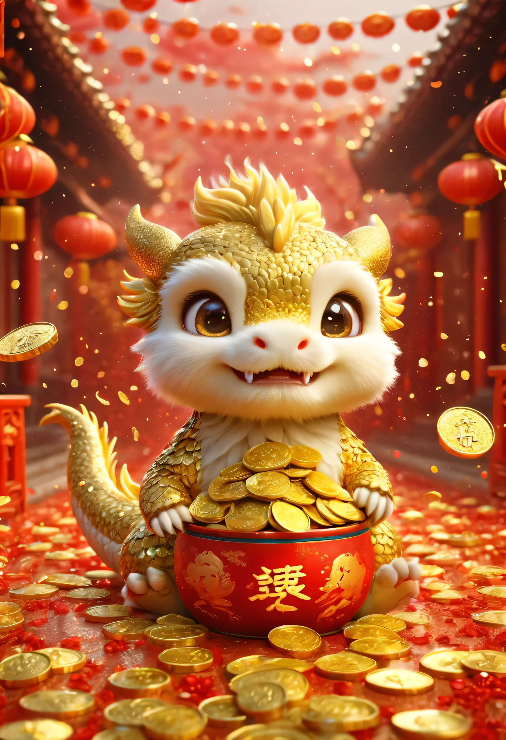 Chinese New Year is here， oriental dragon，spit out a lot of gold coins，big furry head，Raise your hand，so cute。Rain of gold coins and golden confetti，red confetti，Strong sense of atmosphere，Cute and cute，Hairy little paws。Wow...There are many gold coins in the air。symmetry。