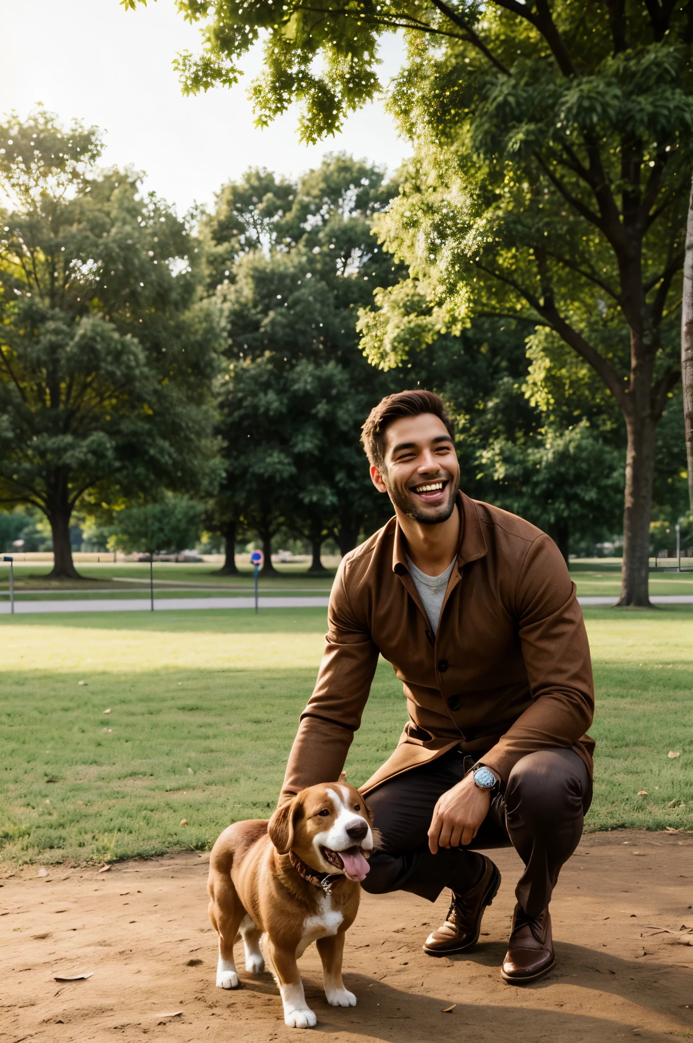 Handsome man with warm brown eyes and a playful smile, caught mid-laugh while playing with his dog in a park.