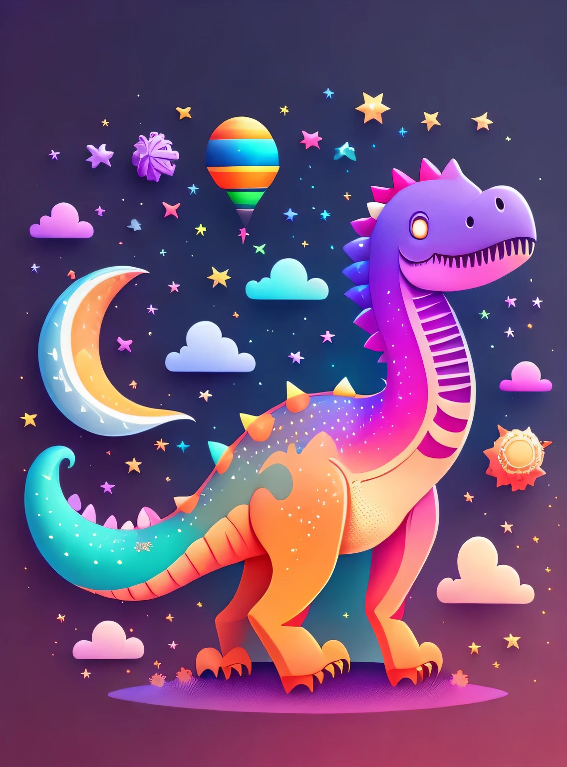 dinossauro, cartoon illustration, sky in a gradient of vibrant colors with twinkling stars. Immerse yourself in a mystical world full of magical elements (ponderado em 0.9).