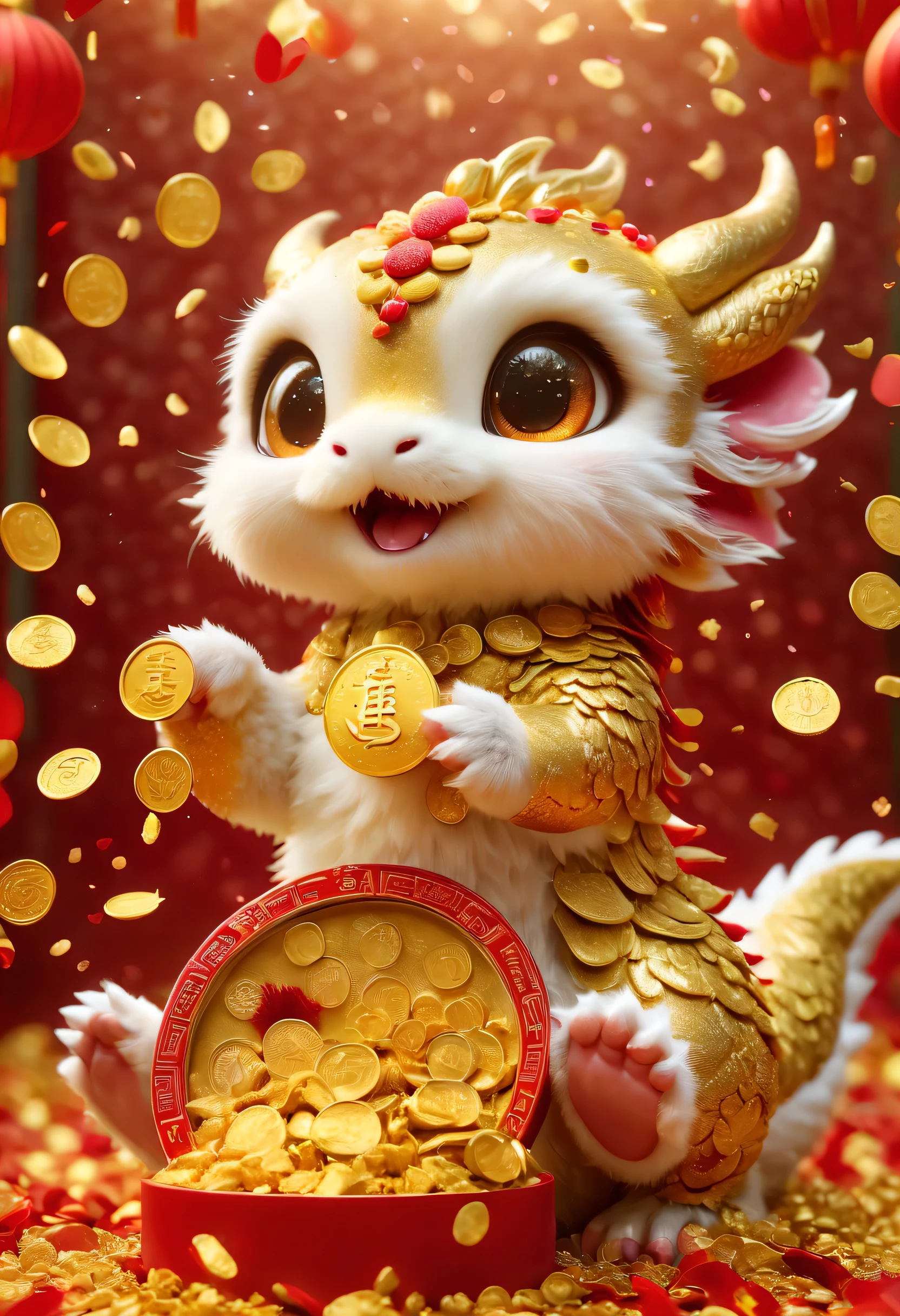 Chinese New Year is here,baby oriental dragon,spit out a lot of gold coins,big furry head,Raise your hand,so cute。Rain of gold coins and golden confetti,red confetti,Strong sense of atmosphere,Cute and cute,Hairy little paws。Wow...There are many gold coins in the air。symmetry。