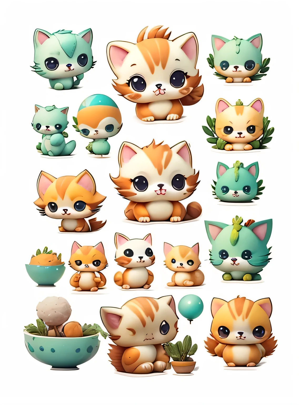 Arte conceitual imaginativa de uma criatura fofa inspirada em Lora, with the appearance of a cute cat. (Tag CuteCreatures ponderada em 0.9)", clipart, 5 em um, fundo branco