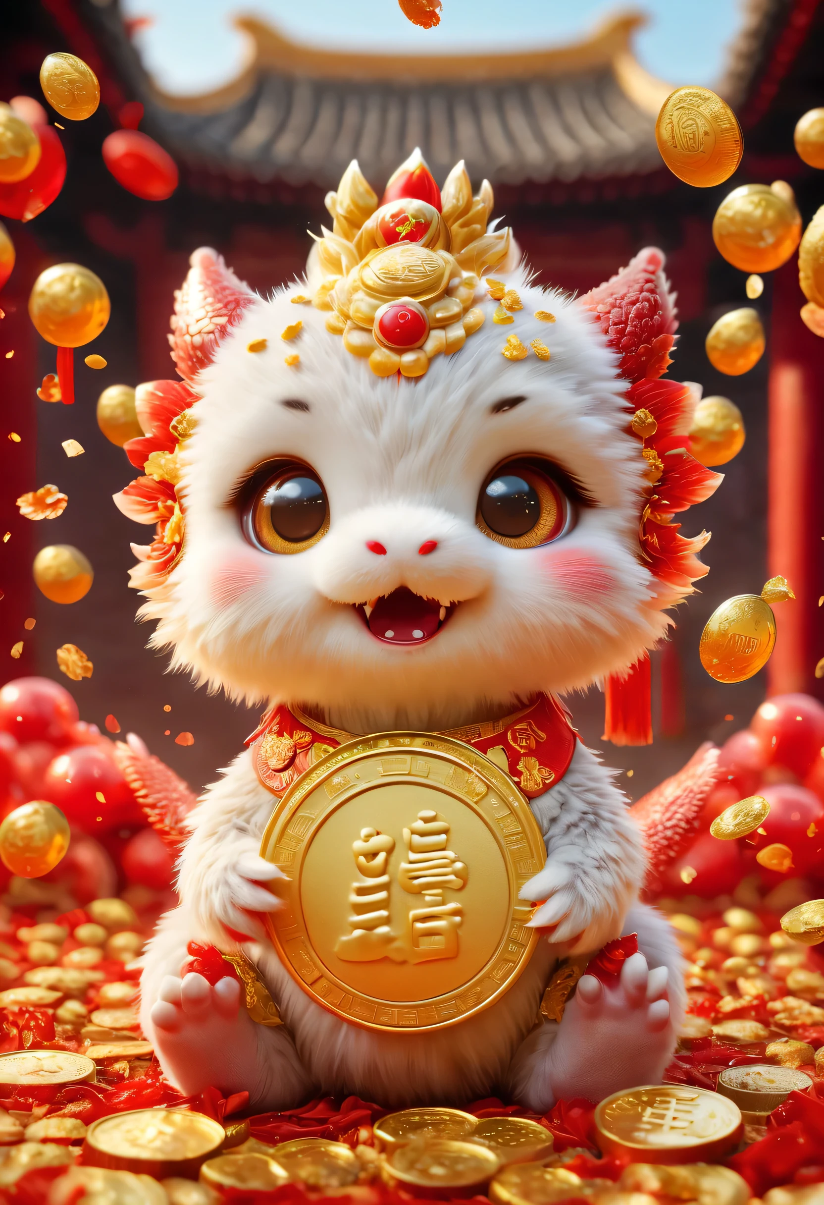 Chinese New Year is here，baby oriental dragon，spit out a lot of gold coins，big furry head，Raise your hand，so cute。Rain of gold coins and golden confetti，red confetti，Strong sense of atmosphere，Cute and cute，Hairy little paws。Wow...There are many gold coins in the air。symmetry。