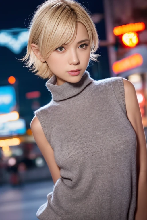 1 girl,(Wearing a sleeveless sweater:1.4),(RAW photo, highest quality), (realistic, photo-realistic:1.4), masterpiece, very delicate and beautiful, very detailed, 2k wallpaper, wonderful, finely, very detailed CG unity 8k wallpaper, Super detailed, High resolution, soft light, beautiful detailed girl, very detailed eyes and face, beautifully detailed nose, beautiful and detailed eyes,cinematic lighting,illuminated by neon lights at night,perfect anatomy,slender body,(straight face),blonde hair,(short hair)