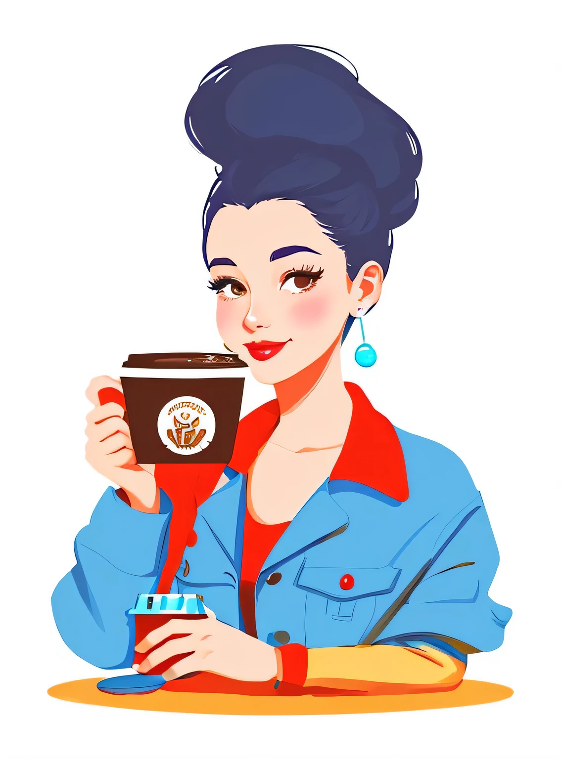 a woman wearing a denim jacket holding a cup of coffee, Themed Girl Cafe, no illustration style digital, cartoon style illustration, fabulous illustrations, pintura realista da  bonito, Lois Ross, Estilo de arte vetorial, estilo de arte dos desenhos animados, colorful illustration, Mulher fofa, Bela arte digital, arte pin-up, illustration style, pintura digital de desenho animado, arte digital detalhada fofa, Illustration art