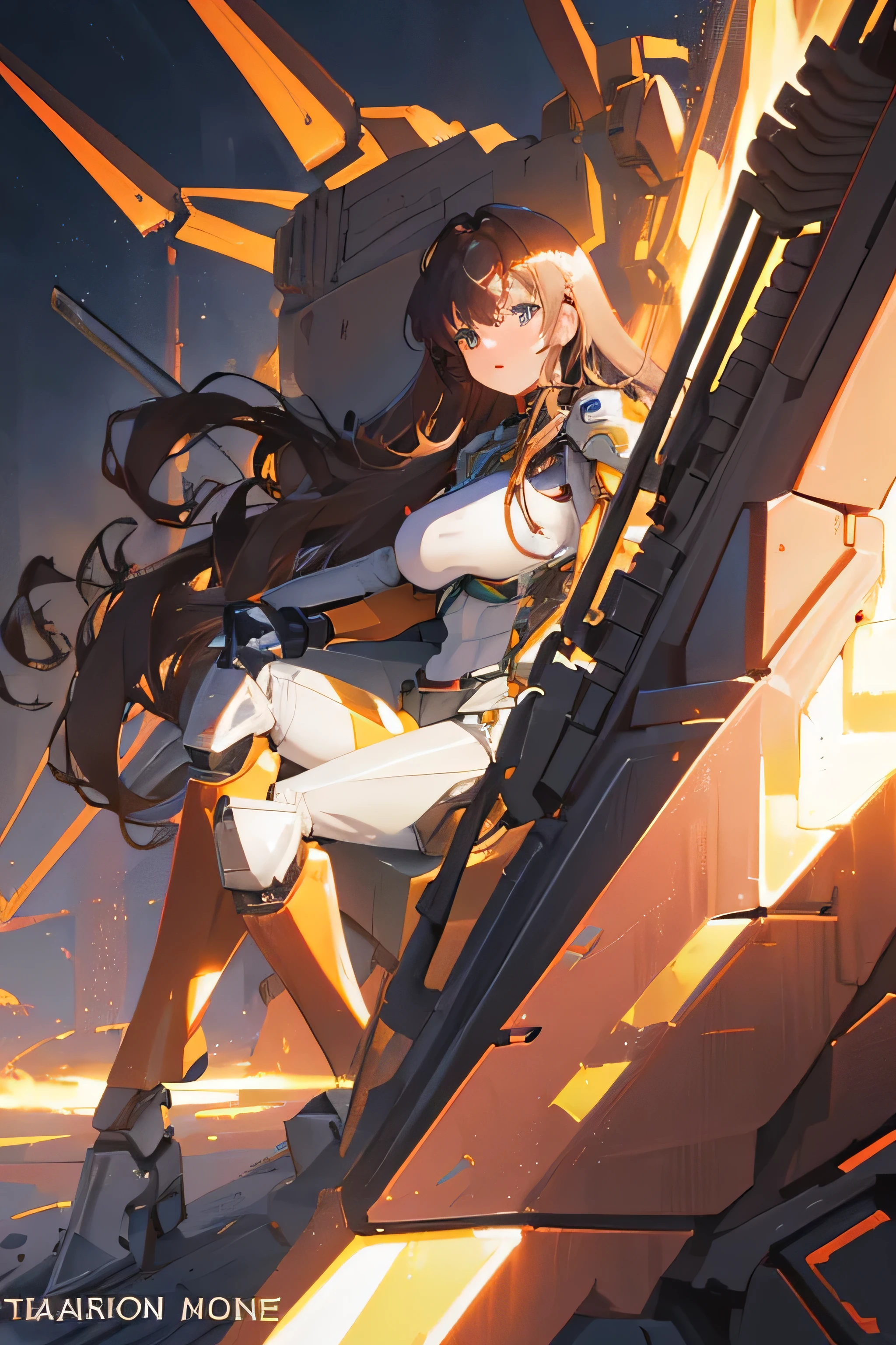 ((brown long haired girl)), ((long legs)), ((sitting on a giant robot with one leg up)), ((big breasts)), ((holding claymore sword)), ((wearing a mecha suit)), ((full body))