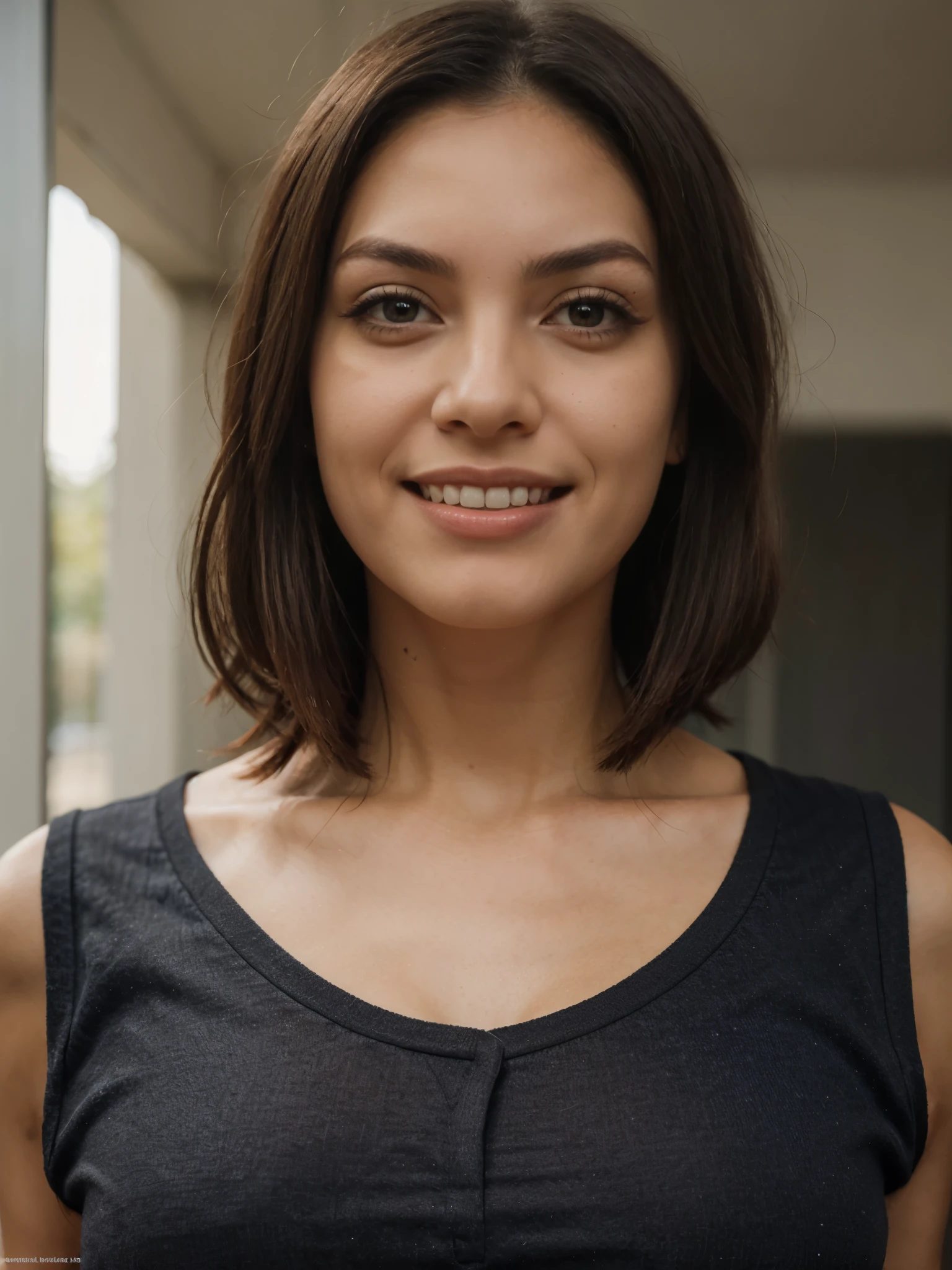Mulher morena,cabelo preto, seios grandes,psychologist clothing,olhos pretos,sorridente