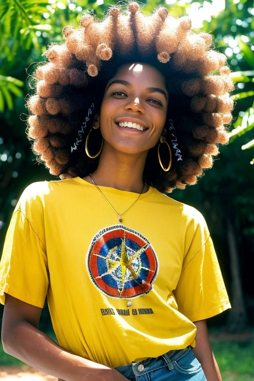 1 jovem do sexo feminino ,  sorriso, tom de pele escuro, cabelo afro,  um par de fundos de sino brilhantes, uma blusa branca,   tom amarelo e ciano, Anos 1970,   Brinco enorme, fundo de sino, sinalizadores,   Disco Mirror Ball,
analog style (estilo 35 mm:1.1),  obra de arte, , cinematic lighting, (fotorrealista:1.3),  (Film grain), movie noise, Kodak ProImage 100, profundidade de campo , Bokeh
 