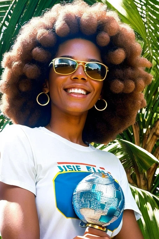 1 jovem do sexo feminino ,  sorriso, tom de pele escuro, cabelo afro,  um par de fundos de sino brilhantes, uma blusa branca,   tom amarelo e ciano, Anos 1970,   Brinco enorme, fundo de sino, sinalizadores,   Disco Mirror Ball,
analog style (estilo 35 mm:1.1),  obra de arte, , cinematic lighting, (fotorrealista:1.3),  (Film grain), movie noise, Kodak ProImage 100, profundidade de campo , Bokeh
 