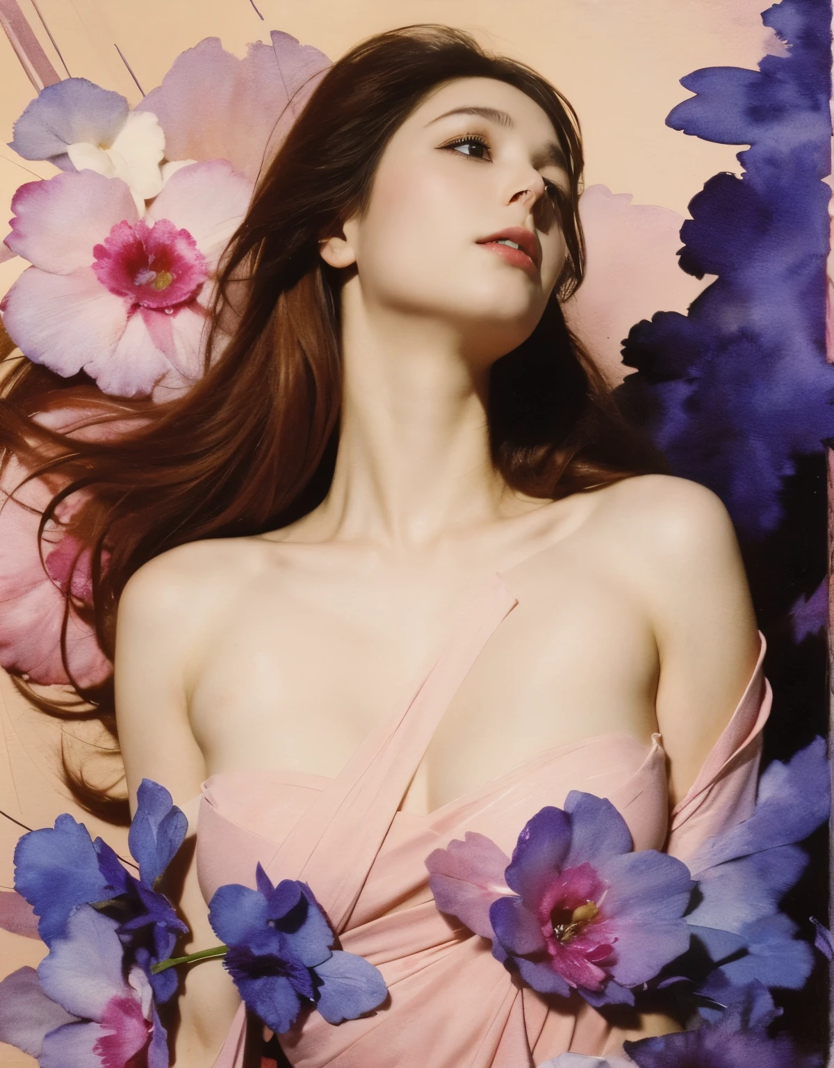 1girl,flower, Lisianthus ,in the style of light pink and light azure, dreamy and romantic compositions, pale pink, ethereal foliage, playful arrangements,fantasy, high contrast, ink strokes, explosions, over exposure, purple and red tone impression , abstract, ((watercolor painting by John Berkey and Jeremy Mann )) brush strokes, negative space, whimsical fantasy malcolm liepke oil painting style,sexy women,detailed facial features,long flowing hair,alluring gaze,sensual lips,seductive curves,feminine beauty,colorful palette,expressive brushwork,romantic atmosphere,soft lighting,vibrant colors,sophisticated elegance,implied narrative,glimpse of vulnerability,playful confidence,dynamic poses,mysterious allure,subtle sensuality,stunning figure,oil on canvas,graceful movement,captivating charm,artistic composition,provocative allure,evocative expressions,dramatic contrast,delicate details,total mastery of paint,impressionistic rendering,passionate intensity,alluring gaze,irresistible magnetism,sublime elegance,richly textured,visual poetry,ethereal beauty,unforgettable impact