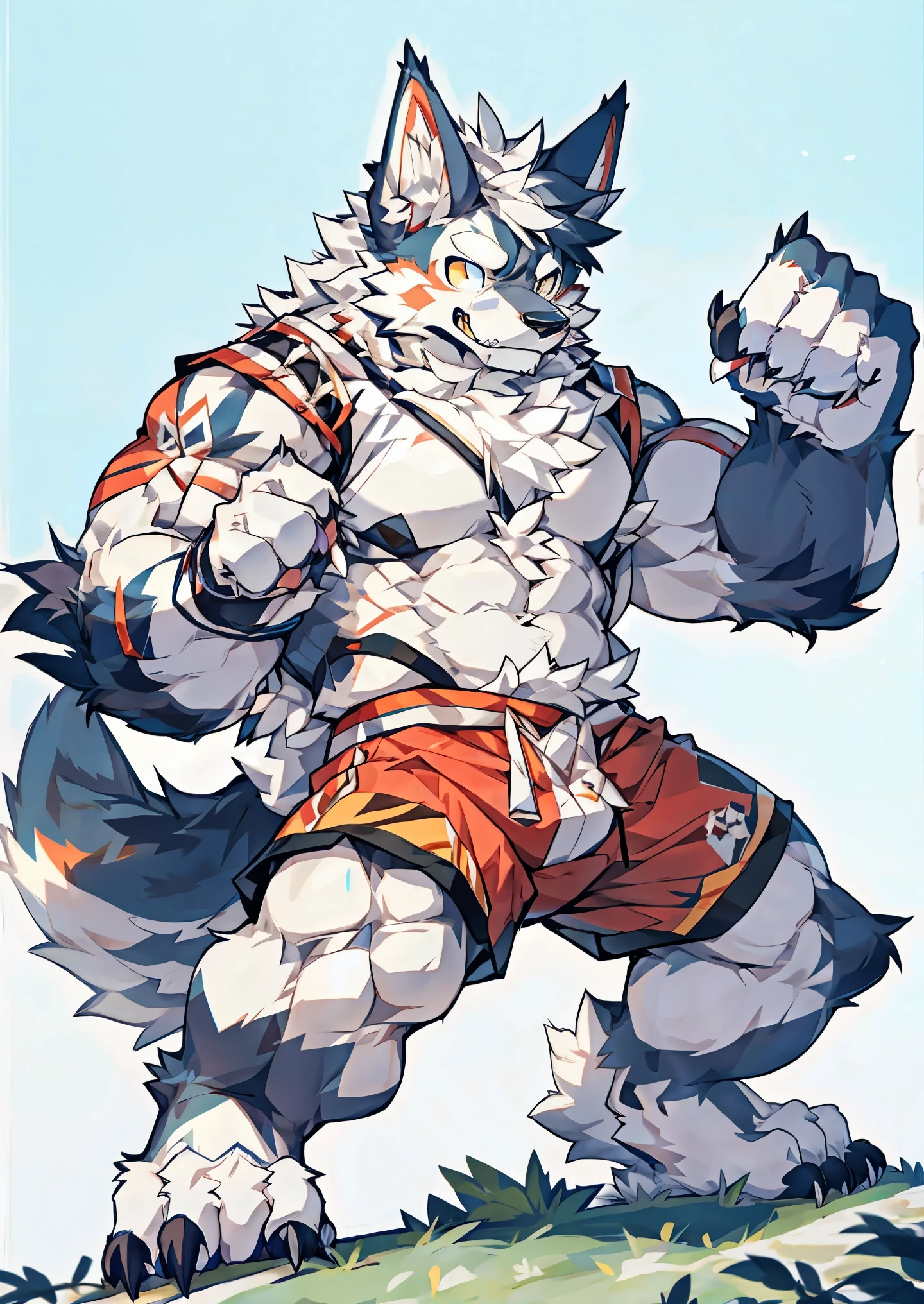 Human-wolf,musculous,Hairy all over,clawed paws,????? through