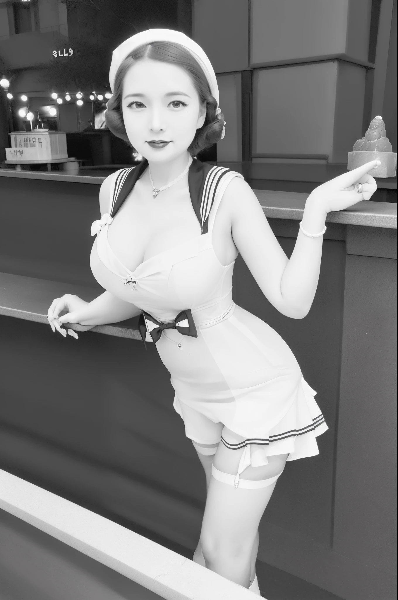 (1940 vintage black and white photograph:1.2), full body portrait of Betty (styled in a (1940's Sailor Dress:1.5), (highly detailed:1.3):1.3), (highly detailed face:1.8), (1940's Pompadour Hairstyle:1.3), (slim body, (large breasts:1.3), small hips:1.5), (leaning back on the bar:1.5), (background sidewalk downtown New York City 1940:1.4), (soft studio lighting, volumetric shadows), JCH Street Pan, ISO 100