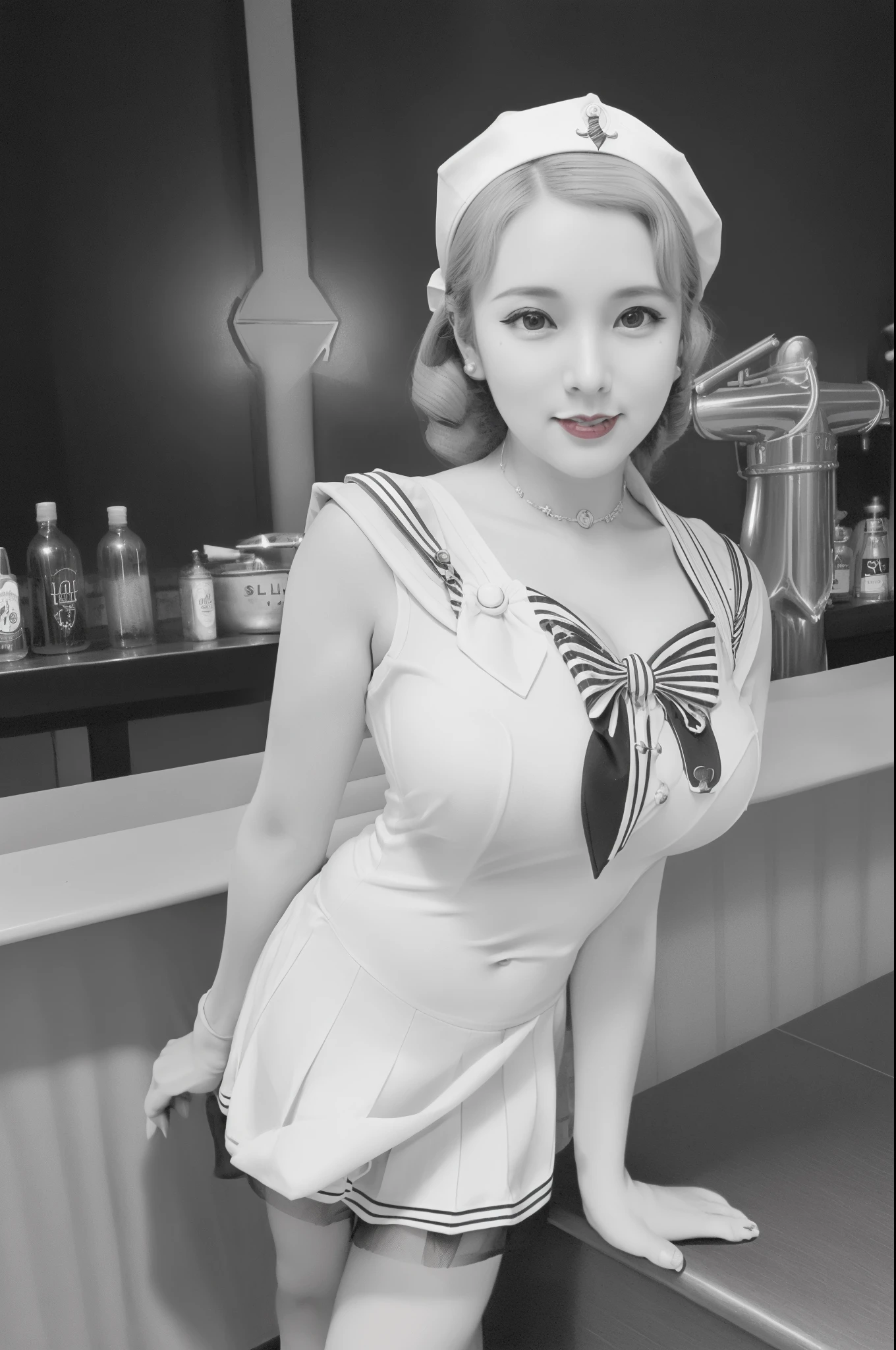 (1940 vintage black and white photograph:1.2), full body portrait of Betty (styled in a (1940's Sailor Dress:1.5), (highly detailed:1.3):1.3), (highly detailed face:1.8), (1940's Pompadour Hairstyle:1.3),  (slim body, (large breasts:1.3), small hips:1.5), (leaning back on the bar:1.5), (background sidewalk downtown New York City 1940:1.4), (soft studio lighting, volumetric shadows), JCH Street Pan, ISO 100