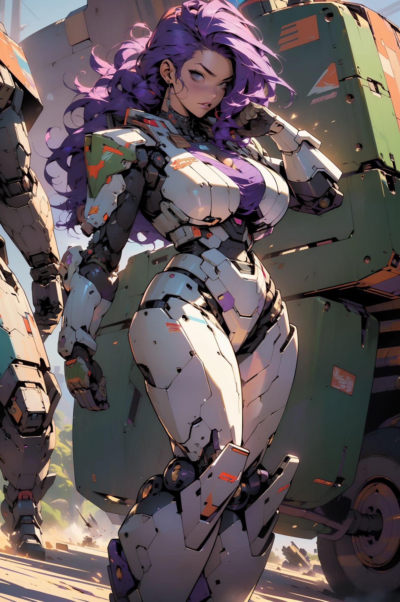 ((Best quality)), ((perfect masterpiece)), (detailed: 1.4), (Absurd), (((full body, curvy body, enormously gigantic tits, cleavage showing)), (((purple hair woman))), 21-year-old woman, Beautiful sexy busty woman, giant robot pilot, wild with perfect curvy body, wearing mecha battle armor little clothing, tiny thong, clothing with Japanese cyberpunk graphic patterns, halftone pattern and vertical stripes, earth tone, (coming out of the body of a giant robot, giant robot in background:1.3)